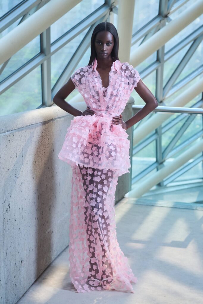A fitted pink sheer dress with a V-neckline and layered design details.
