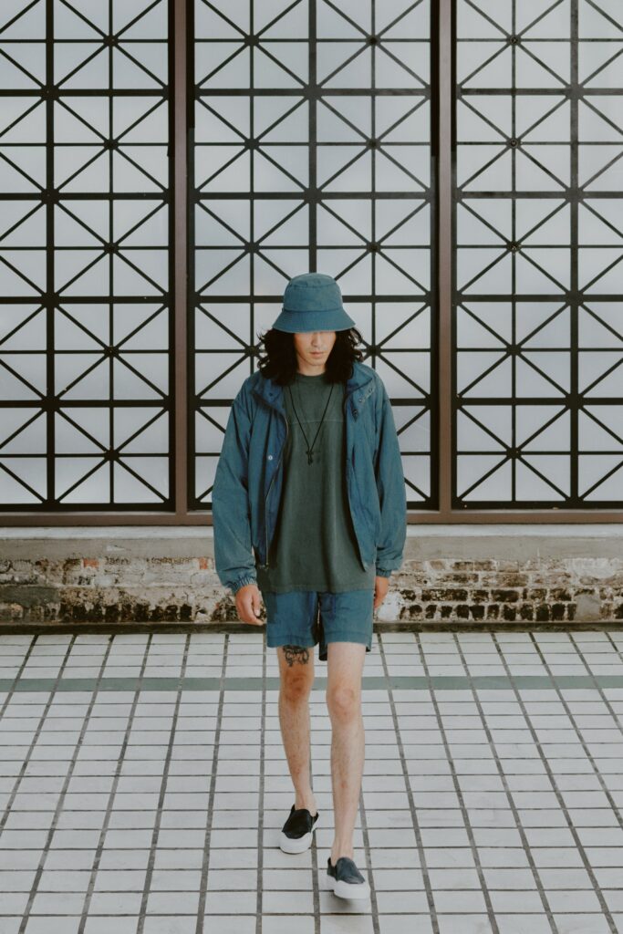 A relaxed blue denim jacket paired with matching shorts, featuring a collared design.