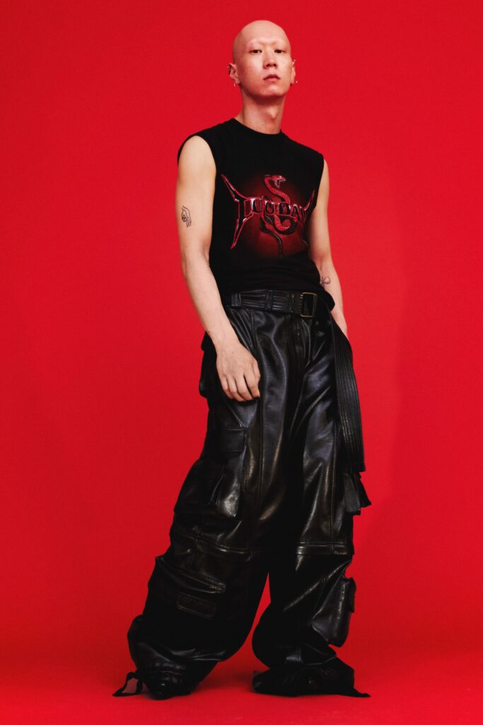 black tank-top and leather pants