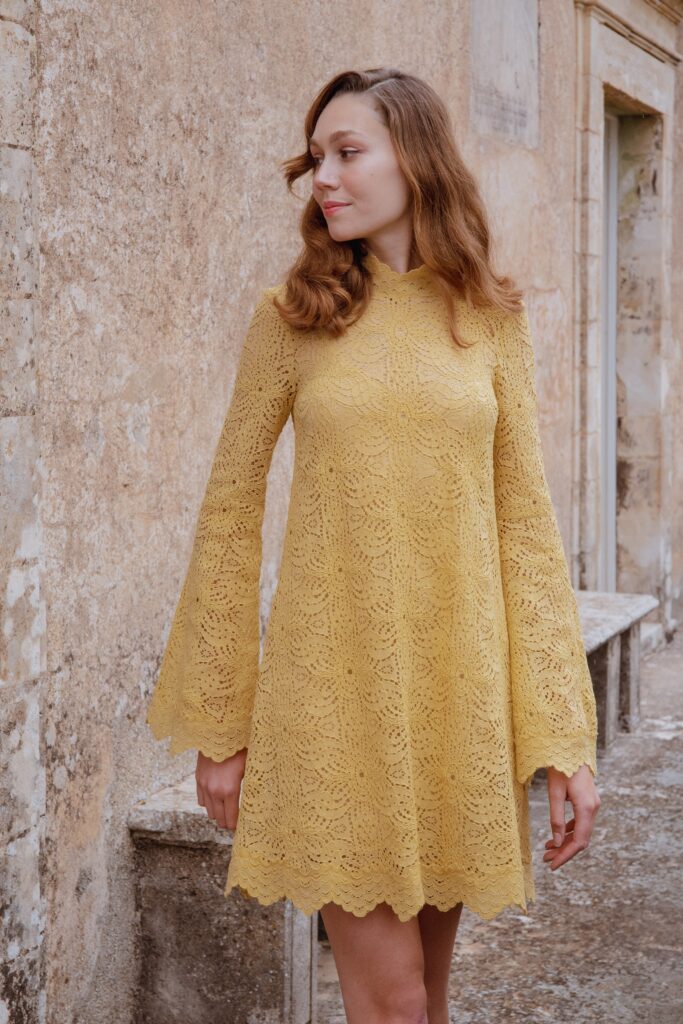 yellow lace long-sleeve dress