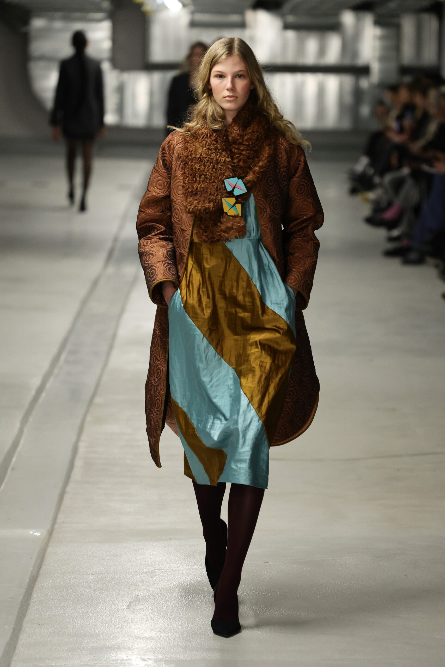 color-blocked midi dress and embroidered coat