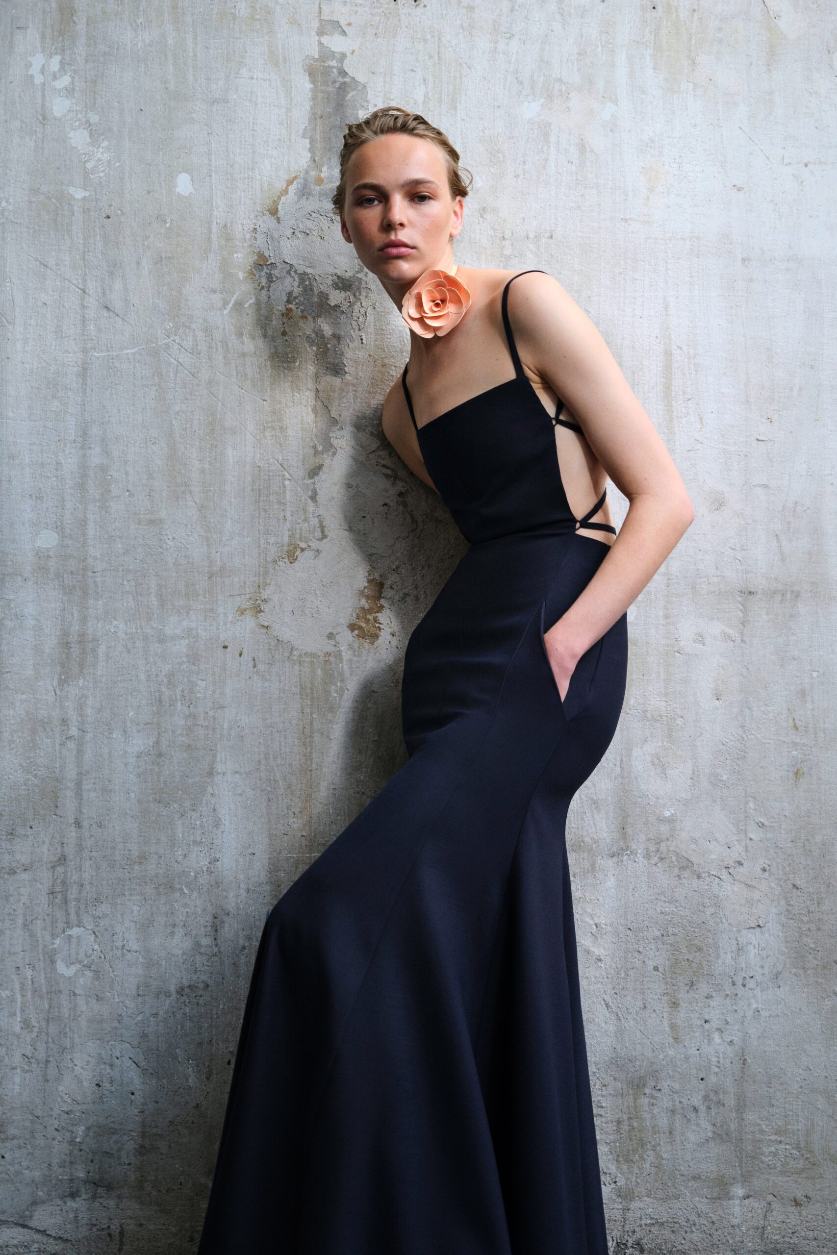 black silk fitted gown
