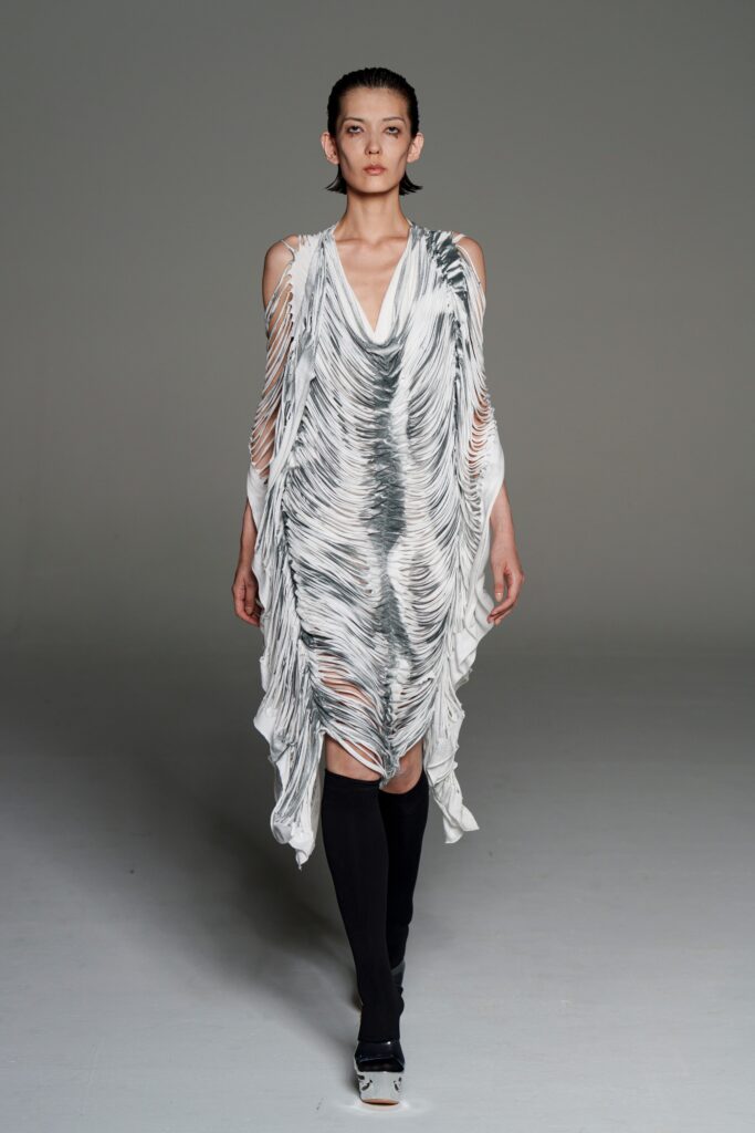 white gray draped midi dress