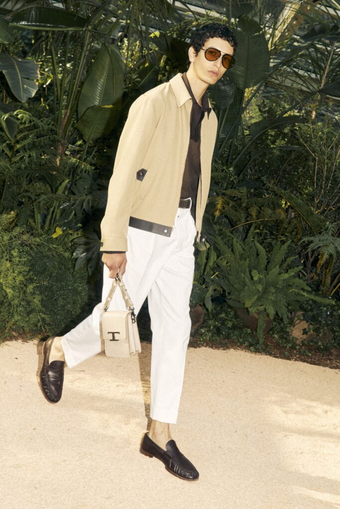 beige cotton jacket and white pants