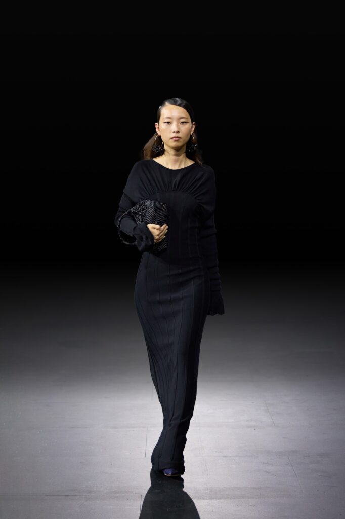 black fitted knit maxi dress