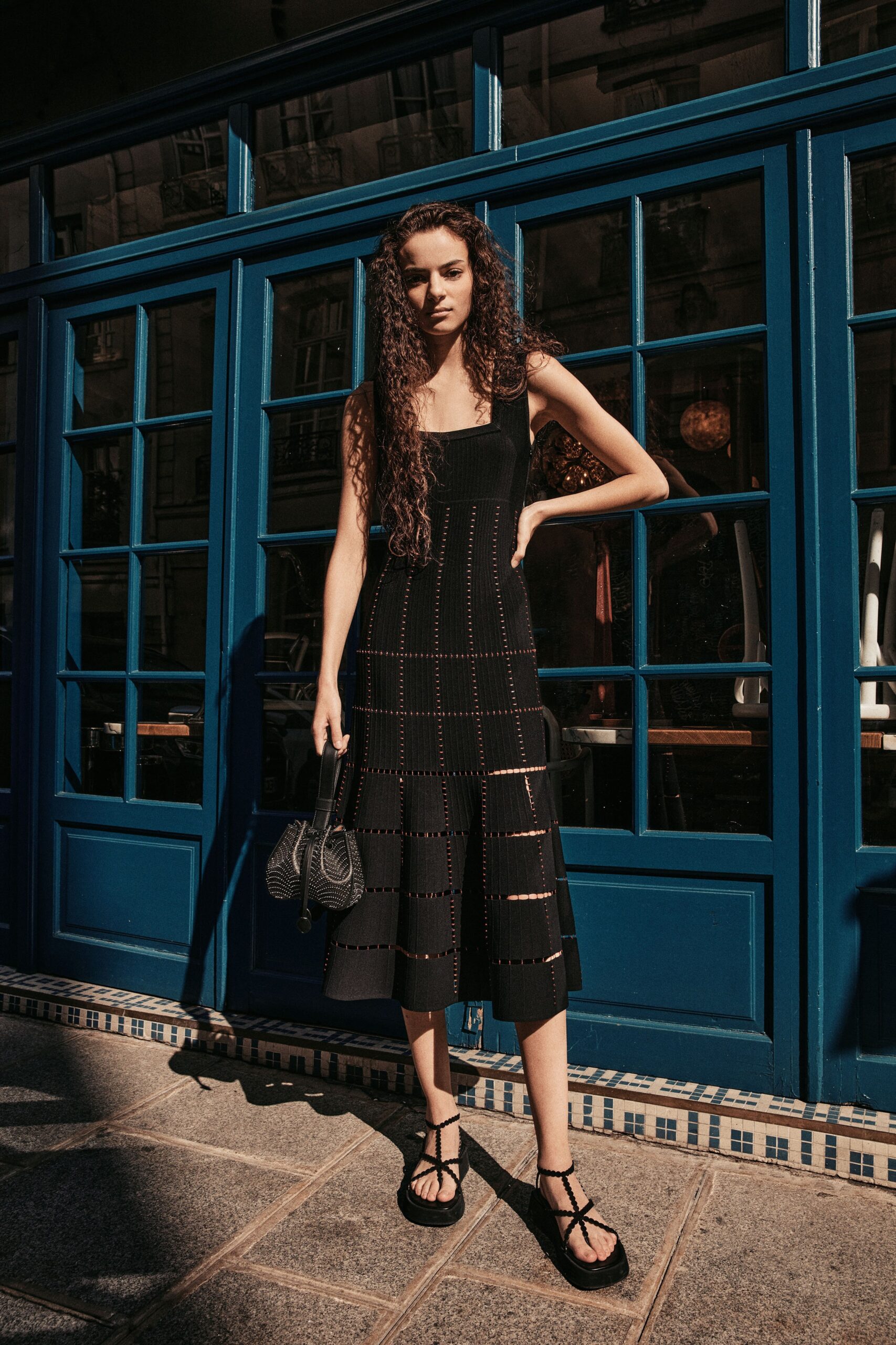 black cotton sleeveless square-neck fitted tiered midi dress