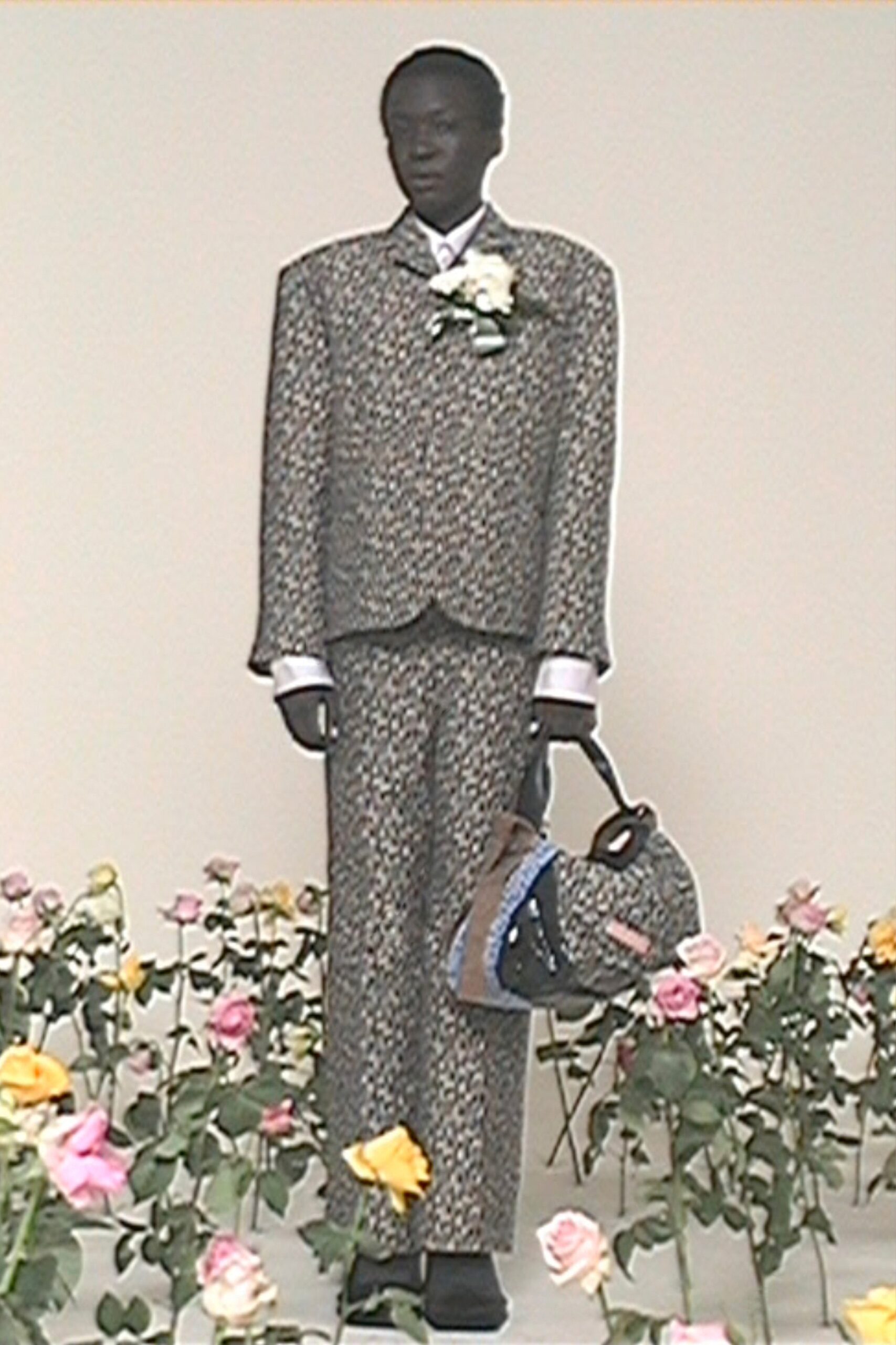 multi-colored tailored suit with bag