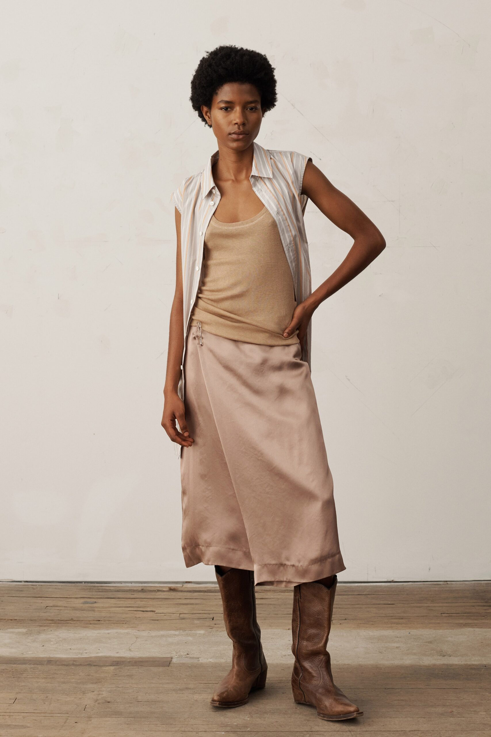 relaxed striped shirt with beige tank-top