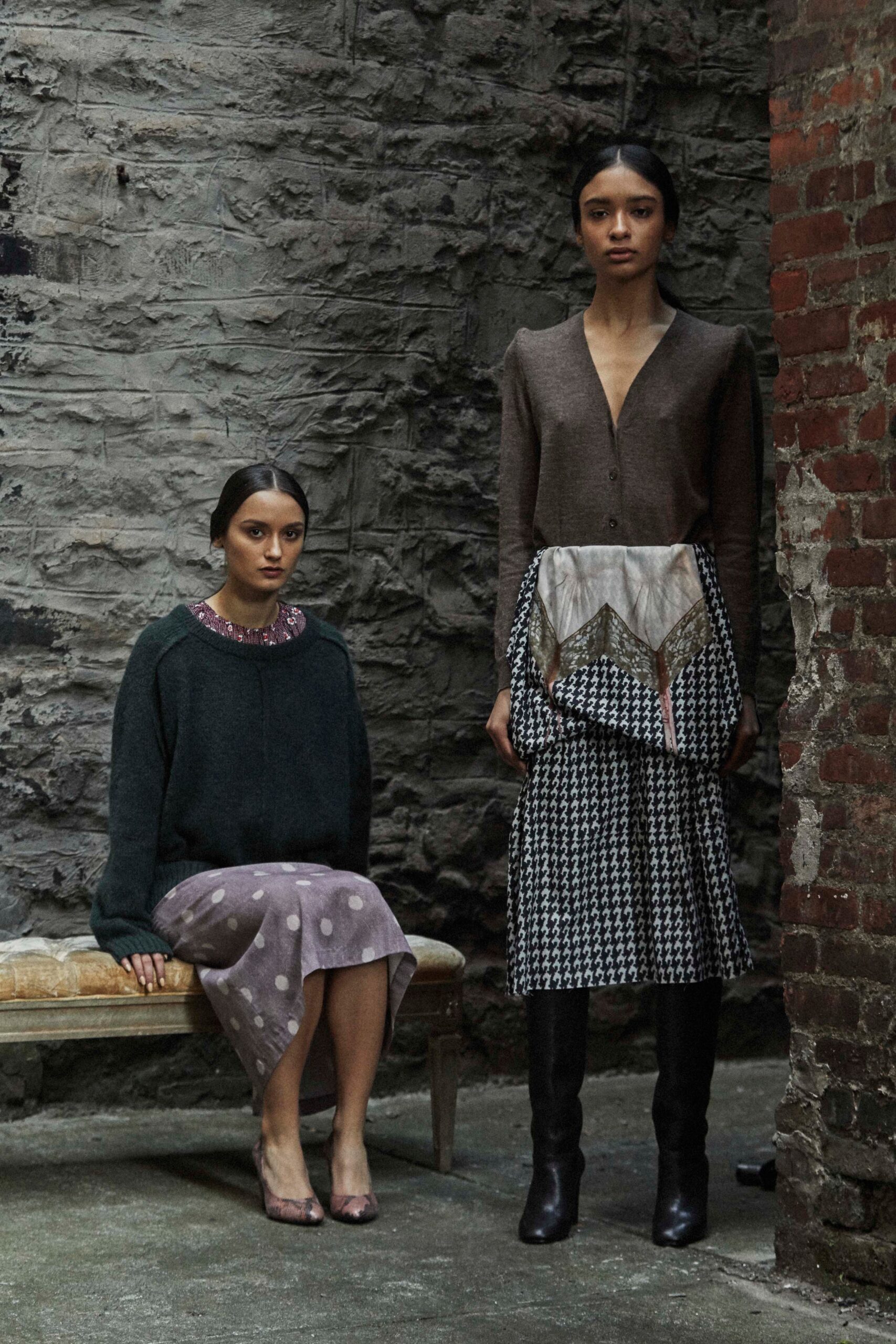 green wool relaxed sweater with purple skirt