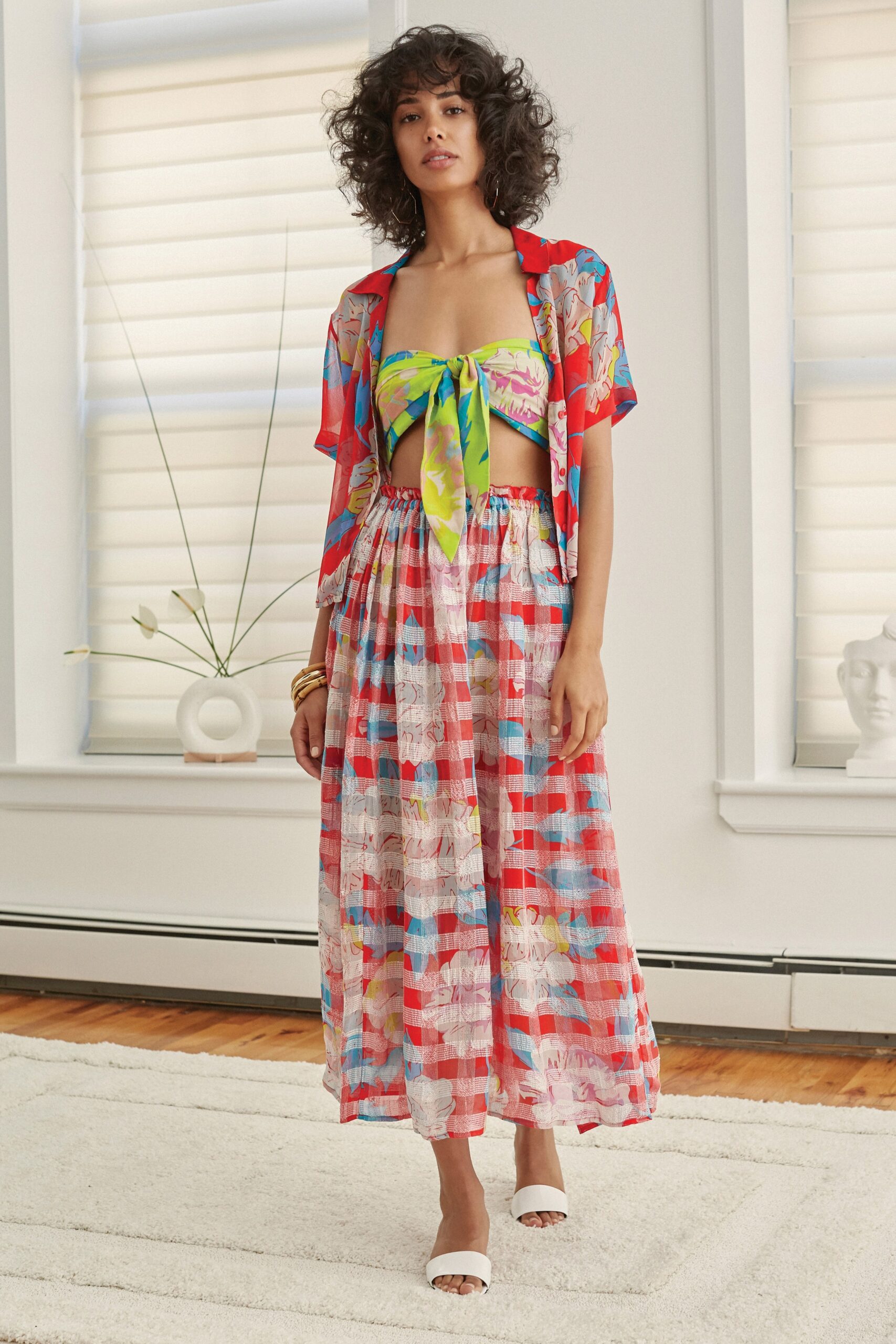 multi-colored tie-front top and tiered skirt