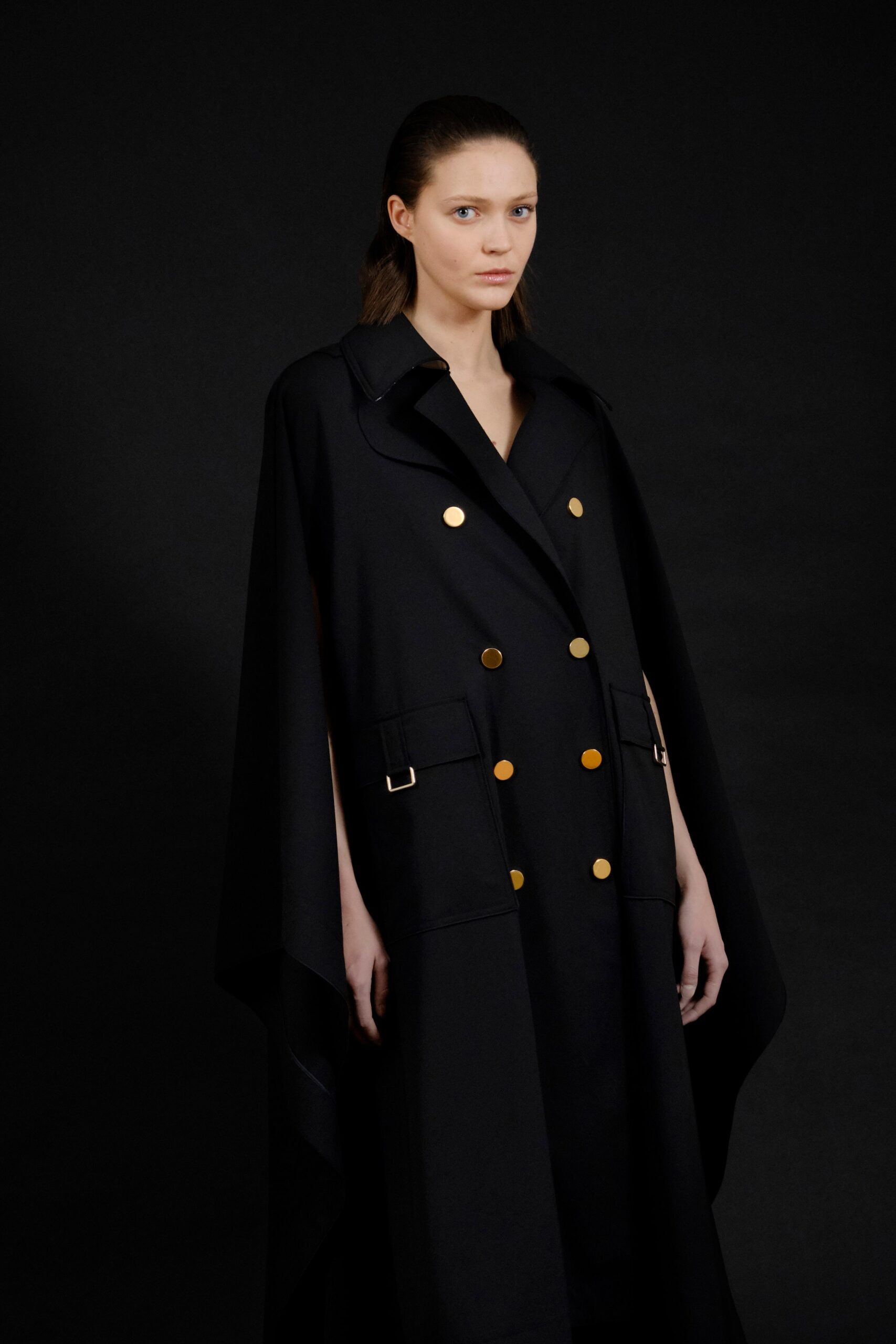 black wool long-sleeve v-neck relaxed buttoned cape