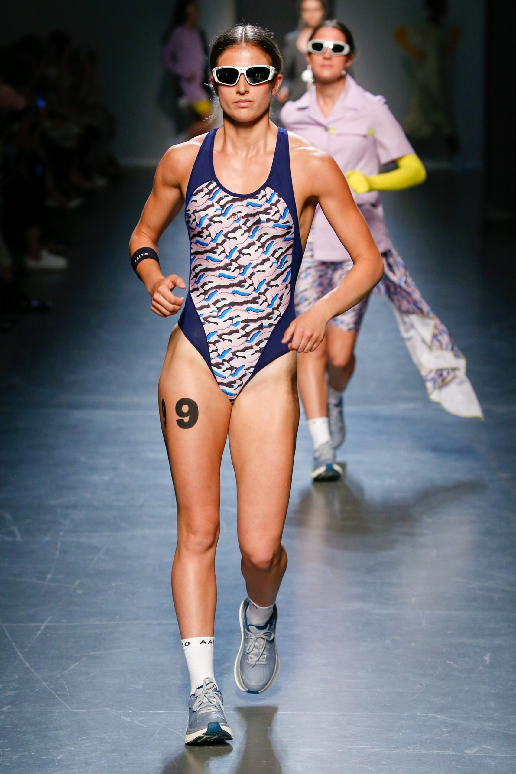 printed blue and pink swimsuit