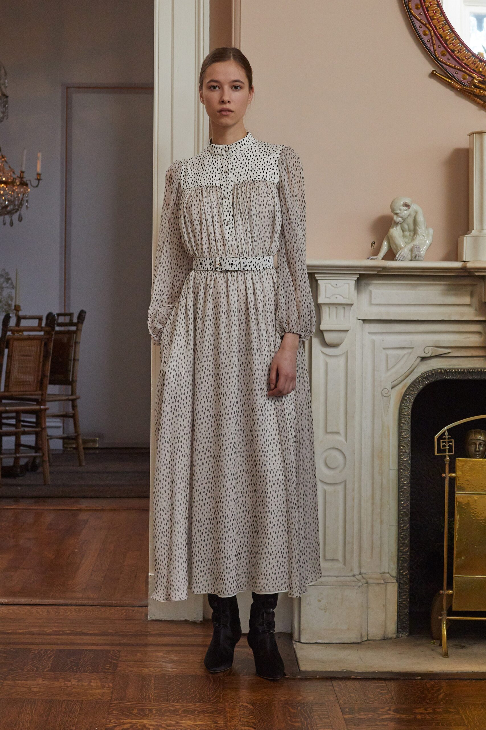 white silk long-sleeve collared fitted printed tiered dress