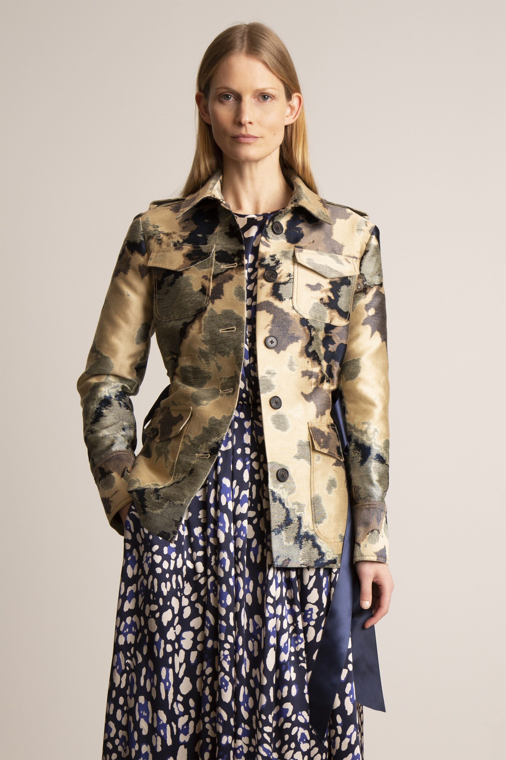 beige cotton long-sleeve collared tailored buttoned printed jacket