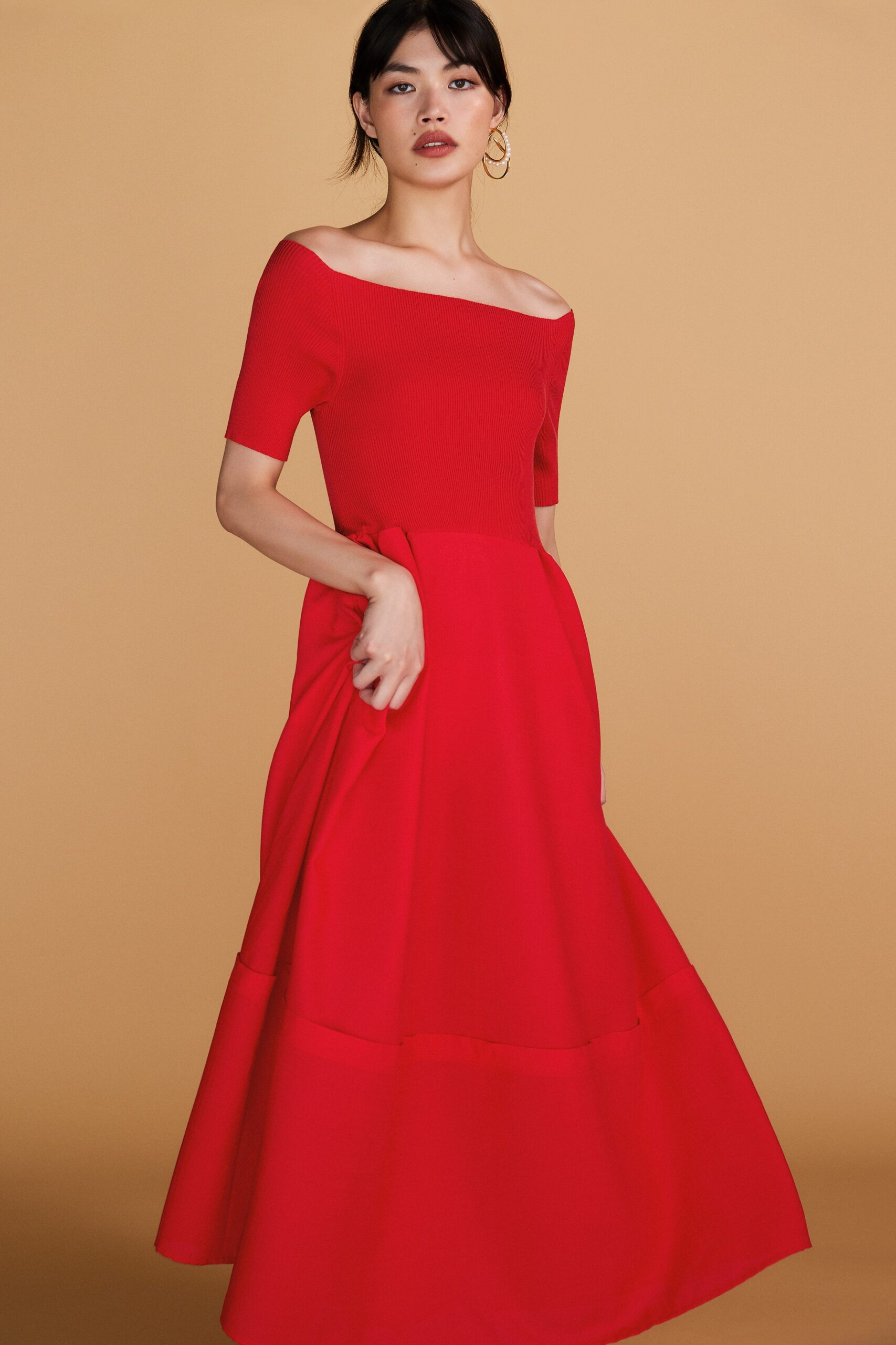 red off-shoulder maxi dress