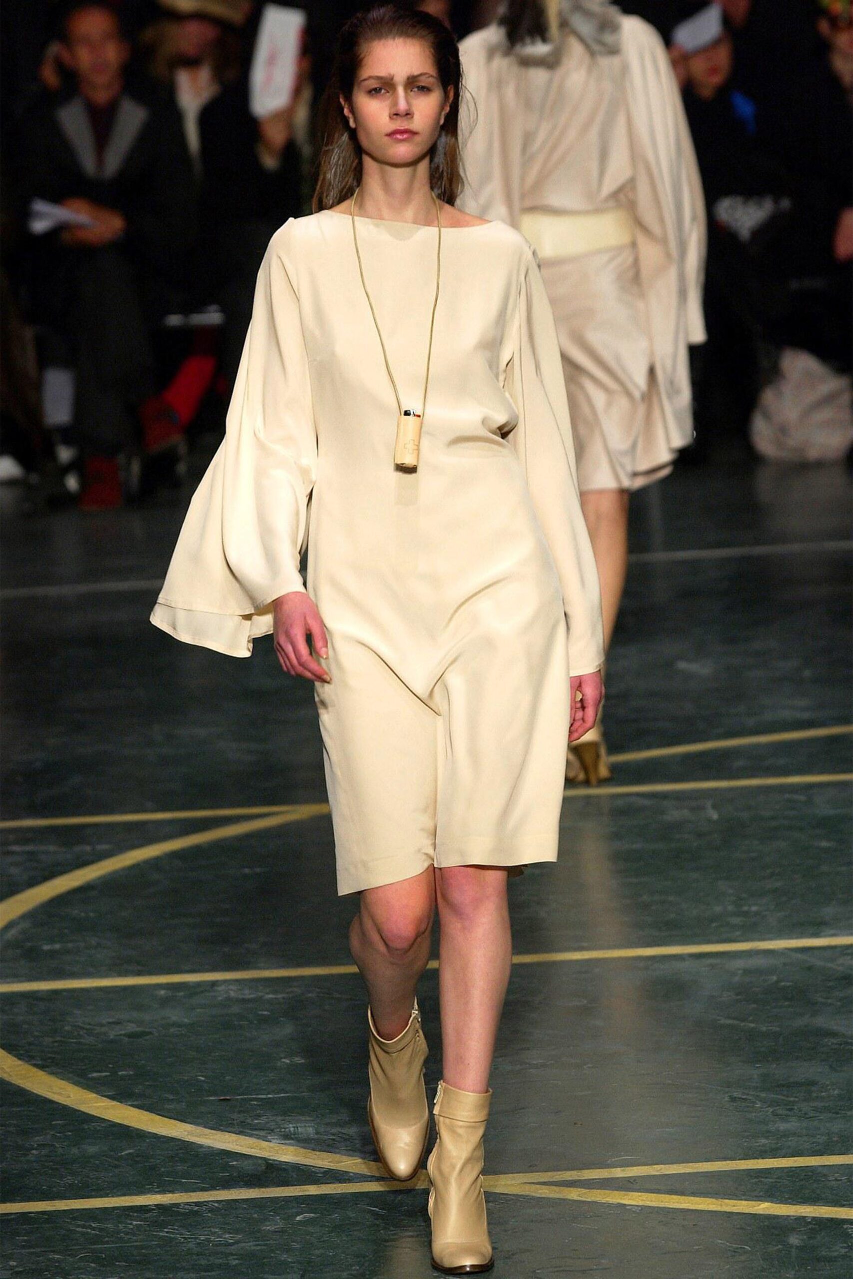 beige silk relaxed midi dress with boots