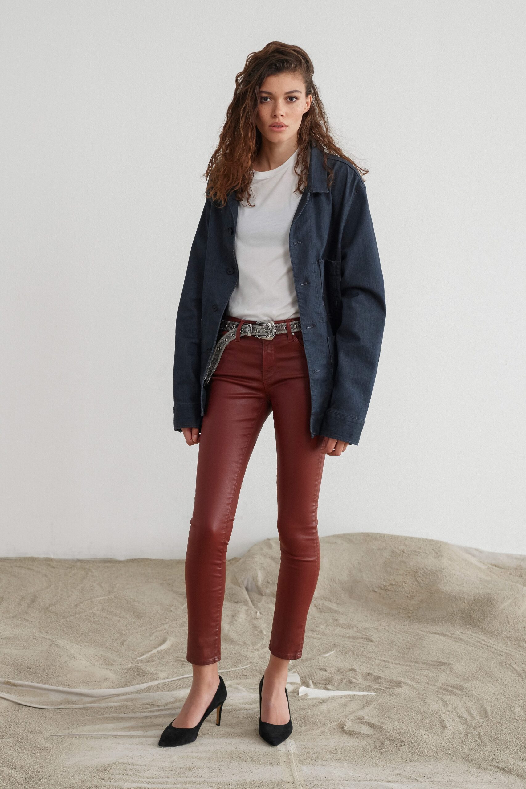 red leather slim zippered pants