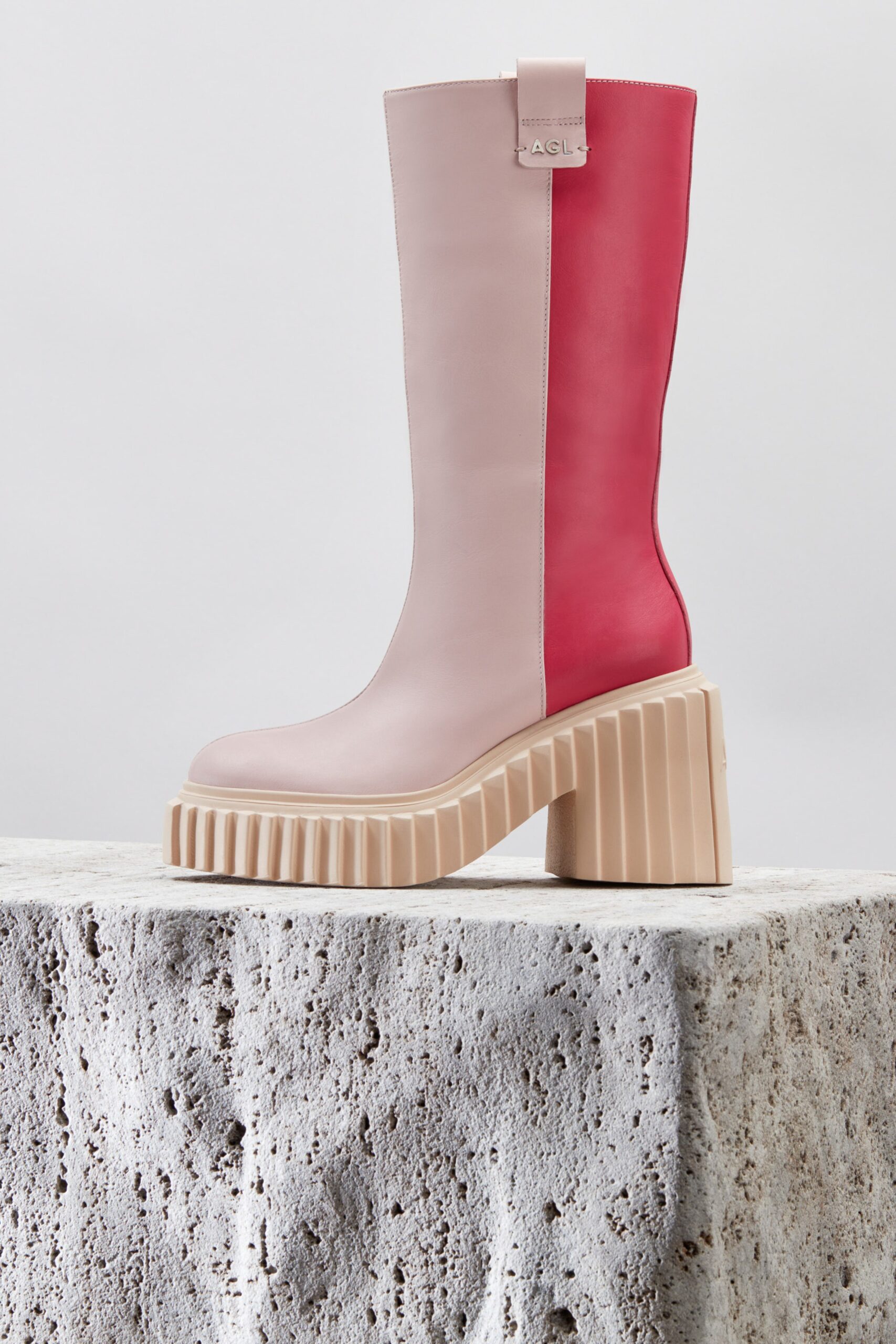 pink and beige leather boots