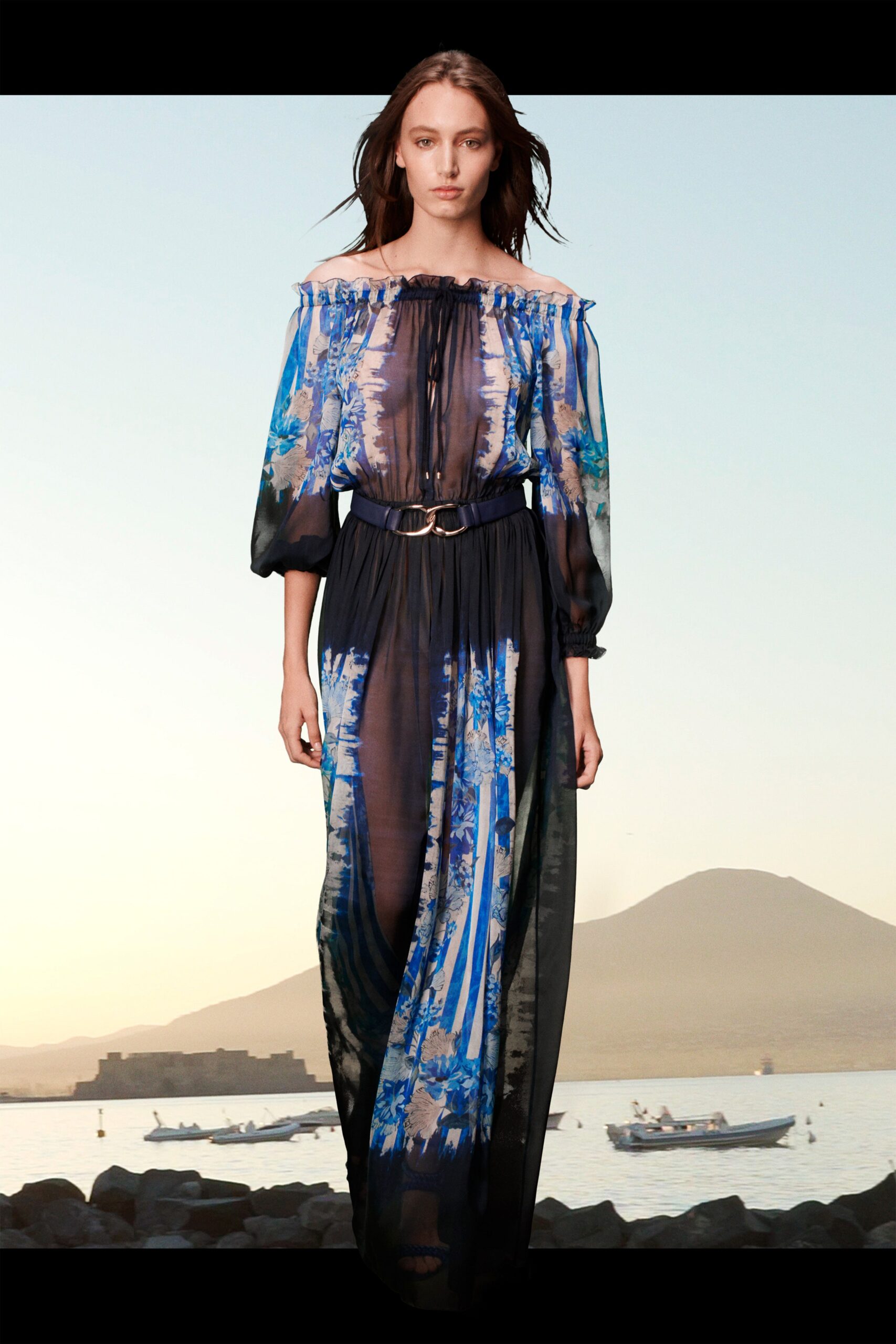 blue black off-shoulder maxi dress