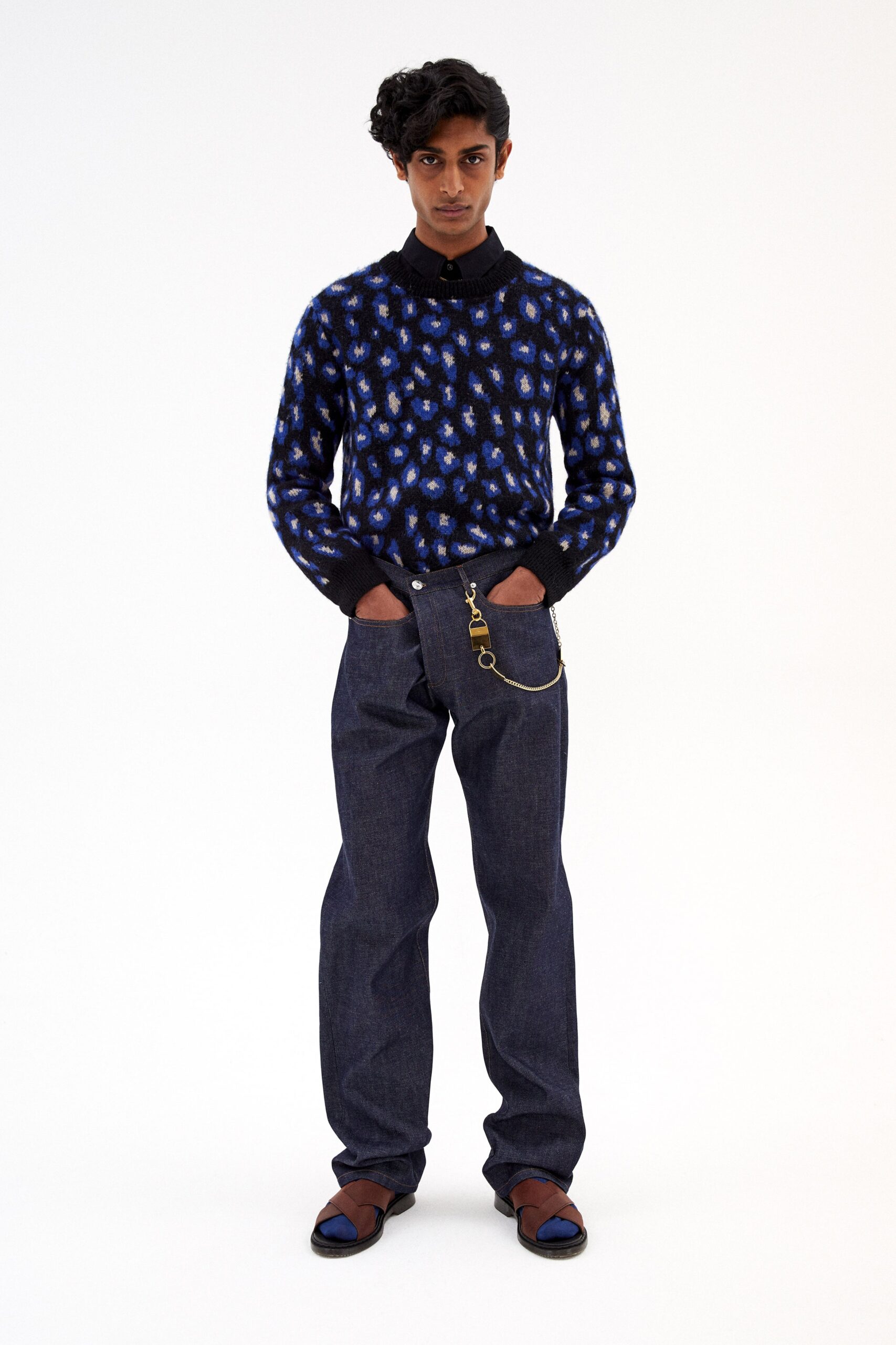 blue printed wool sweater with denim pants