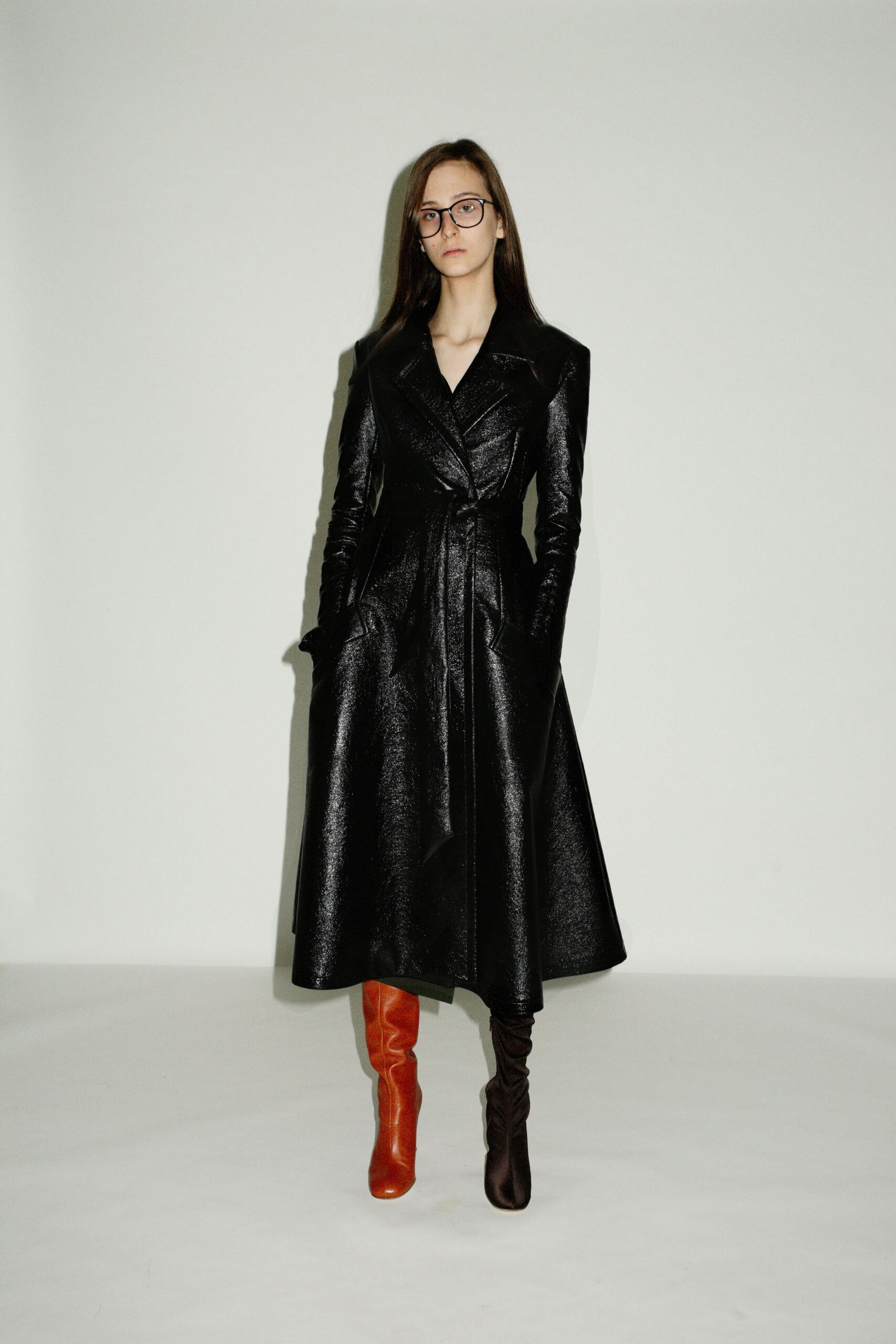 black leather belted coat