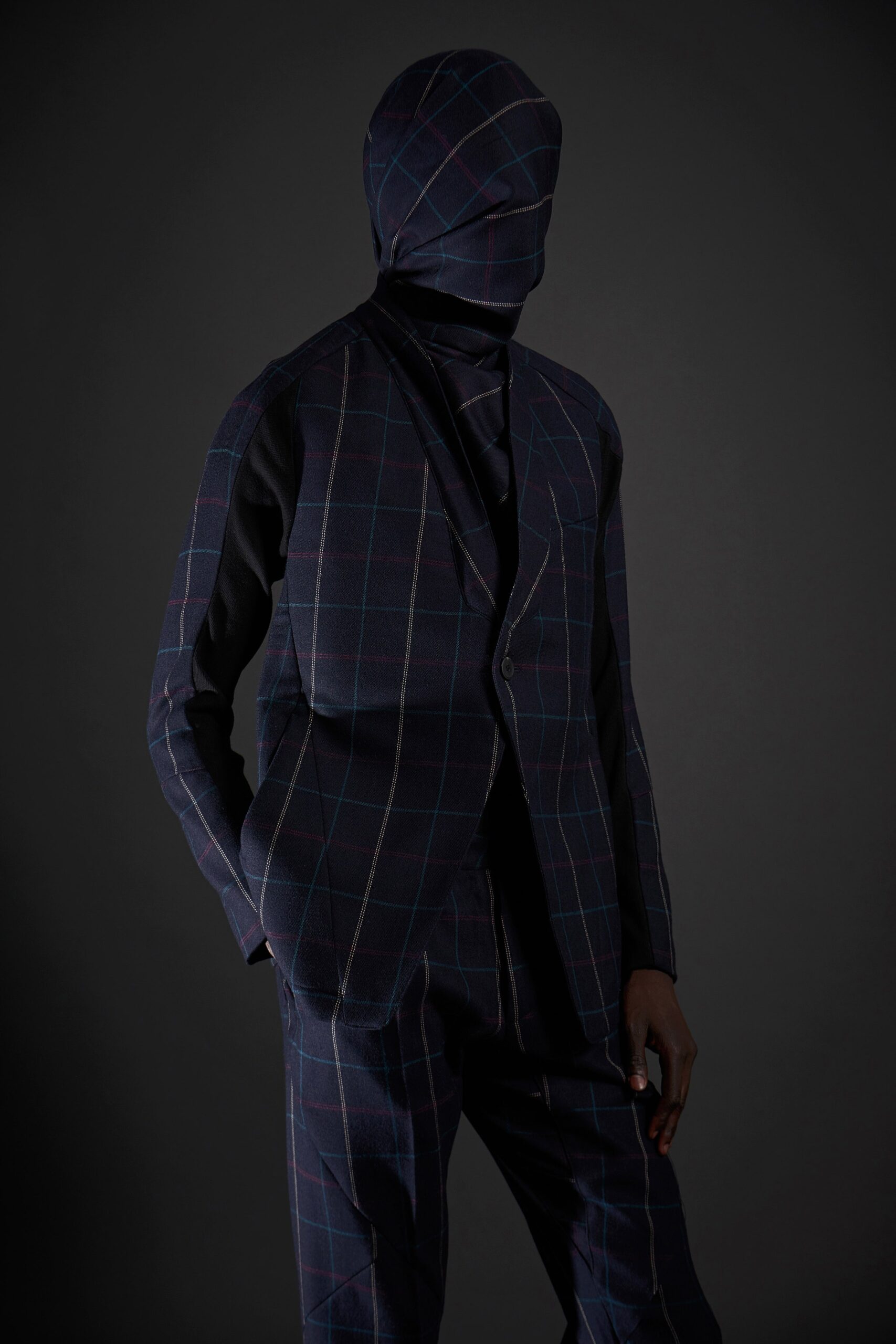 blue checked tailored suit
