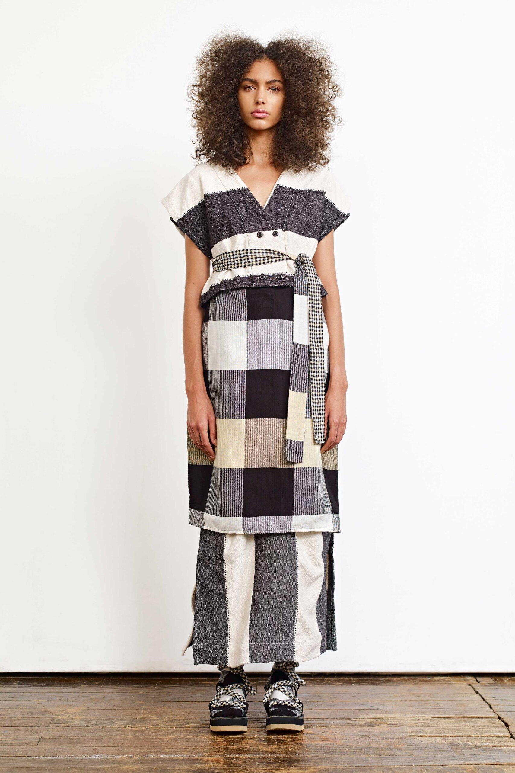 plaid belted midi dress