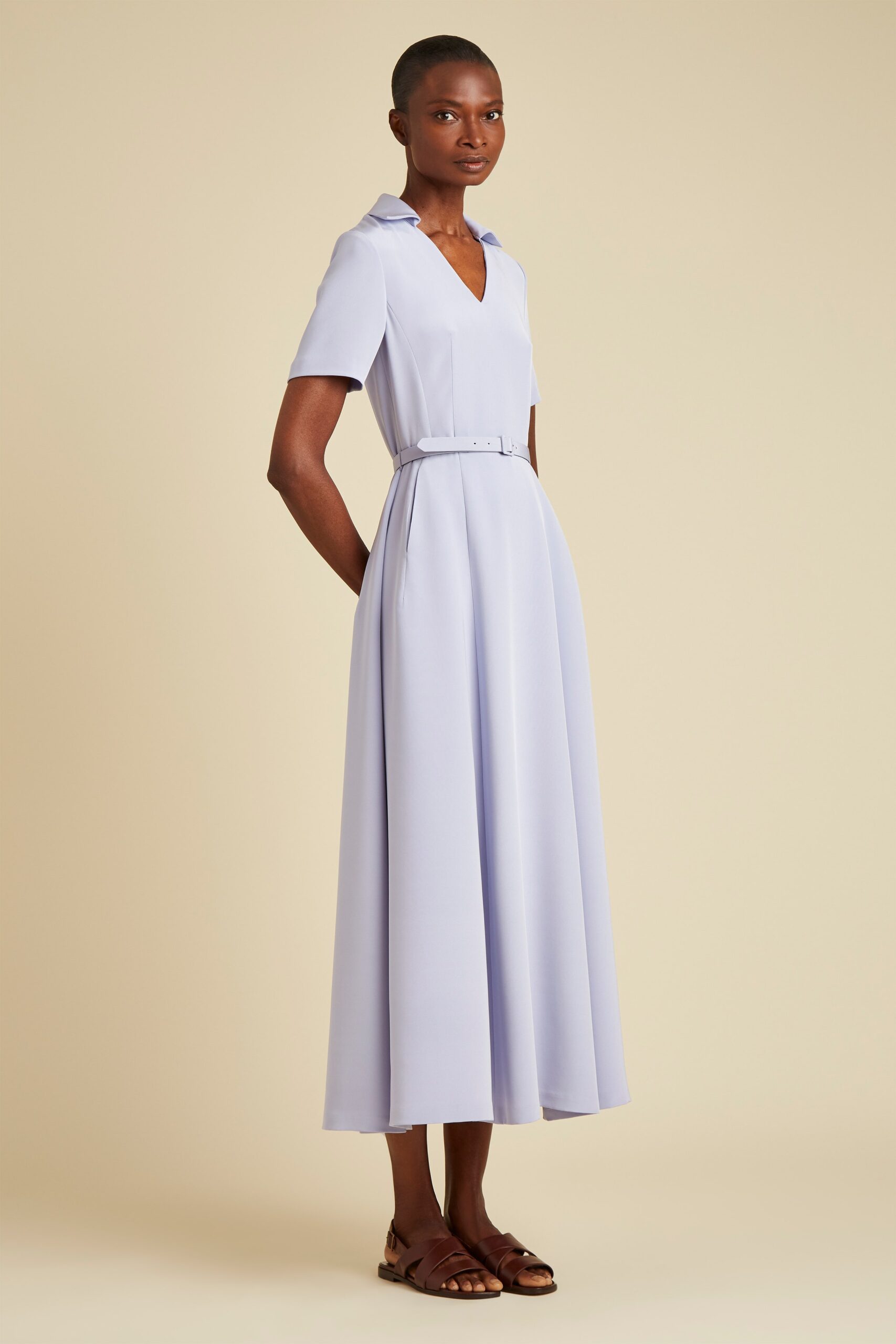 lavender belted midi dress