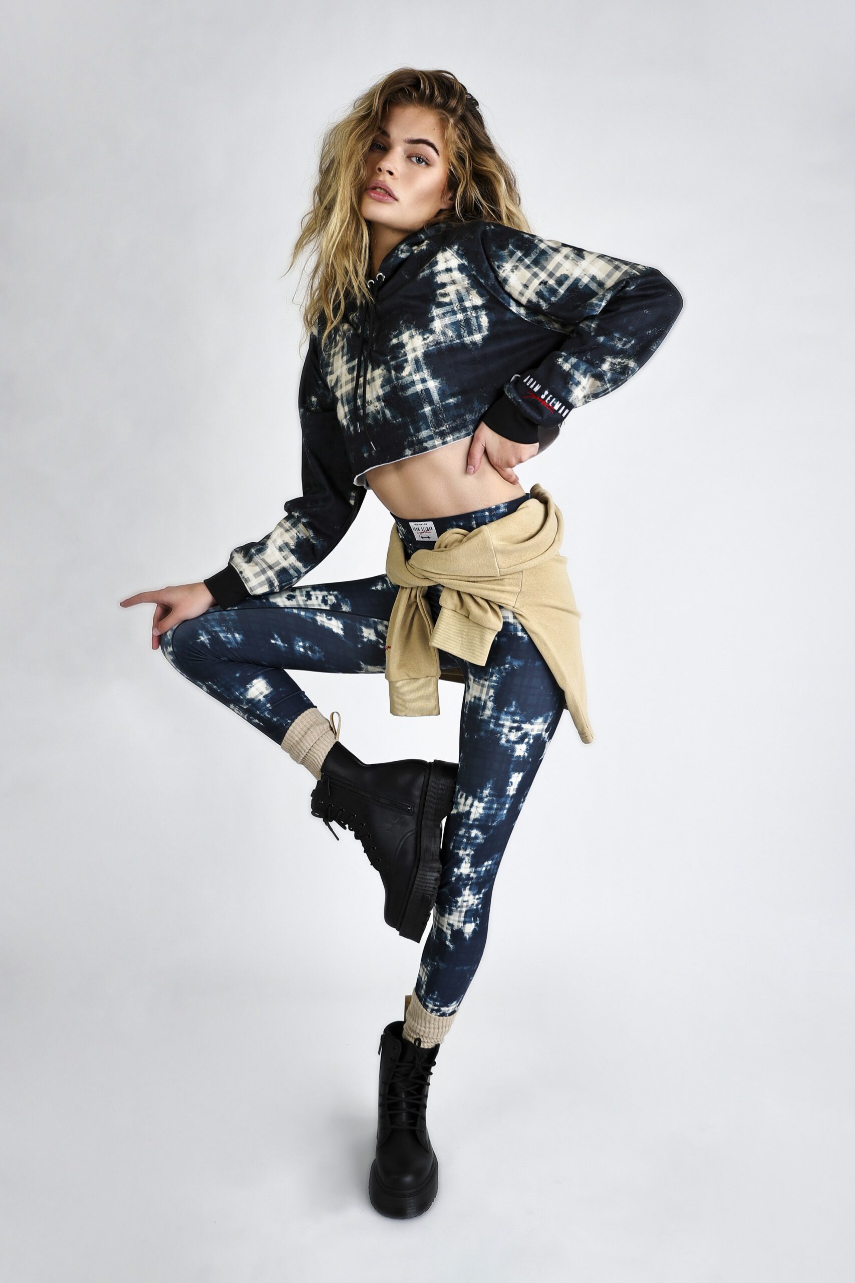 black denim jacket with leggings