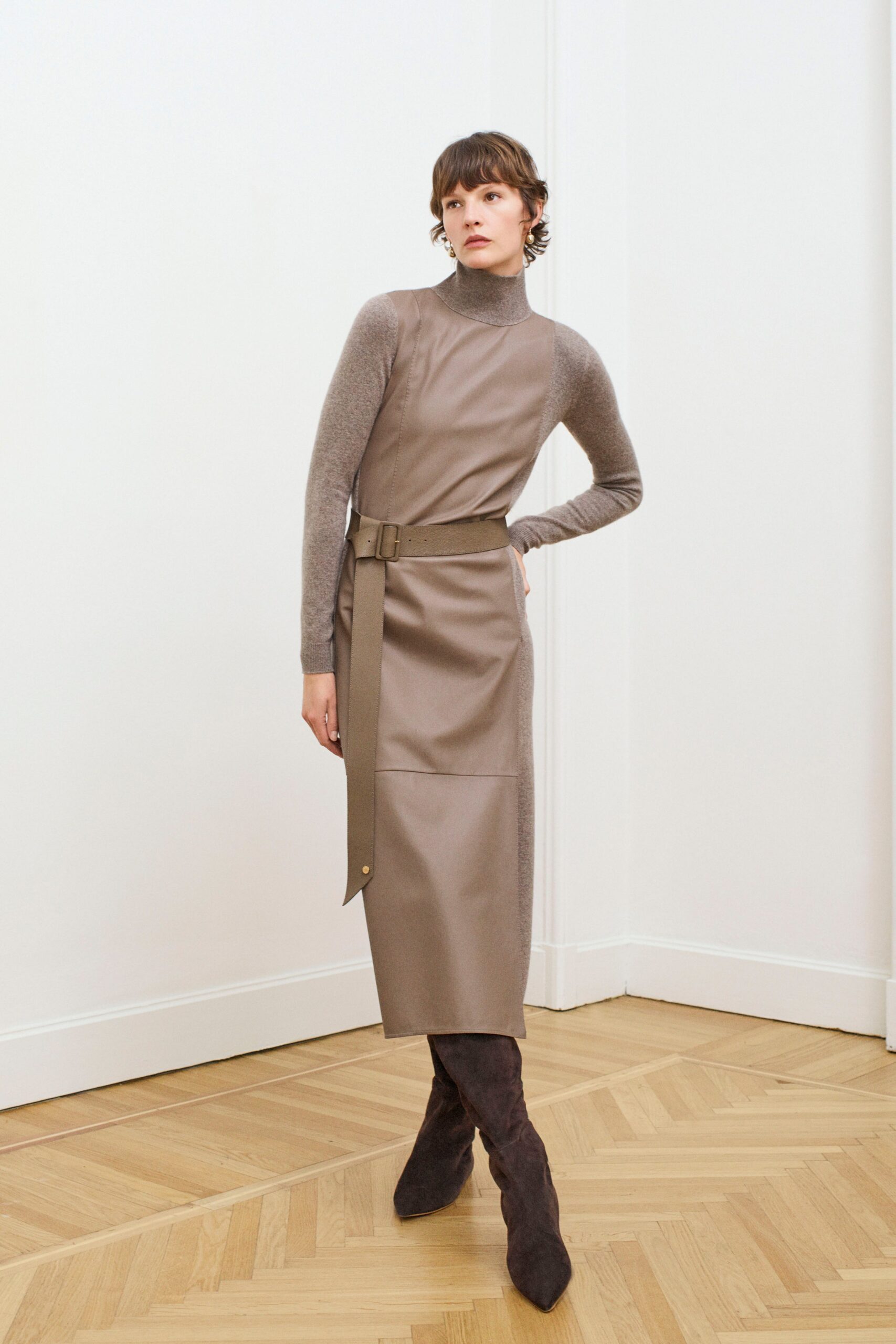 brown leather long-sleeve high-neck fitted belted midi dress