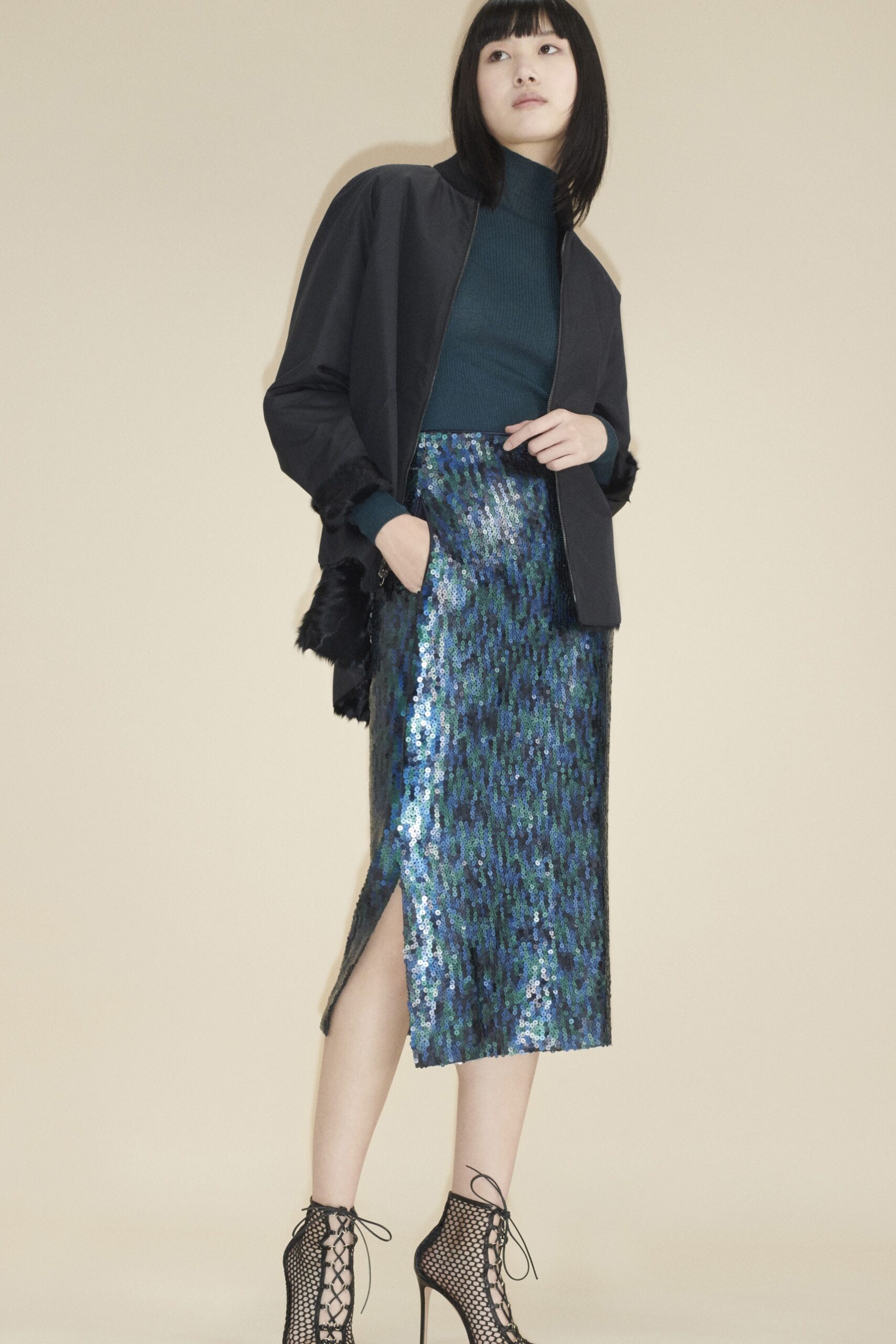 blue sequin slit fitted shiny midi skirt
