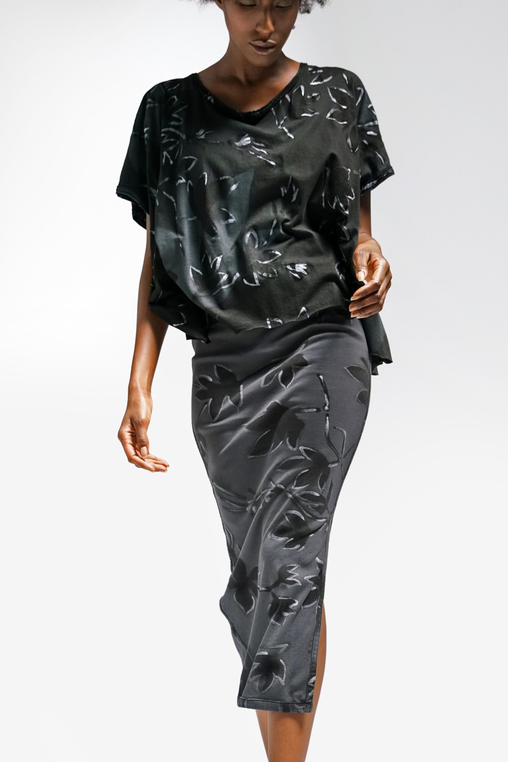 black silk top and skirt
