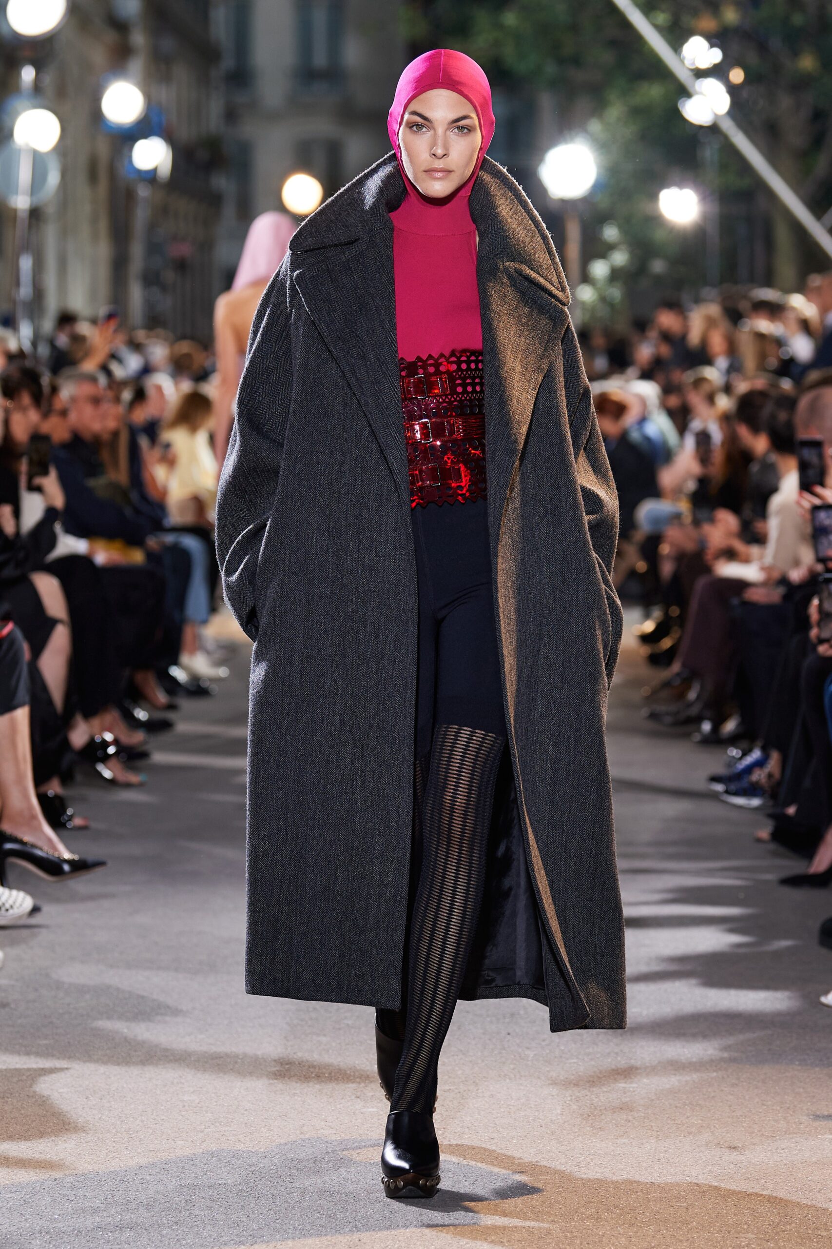 gray oversized coat with pink top