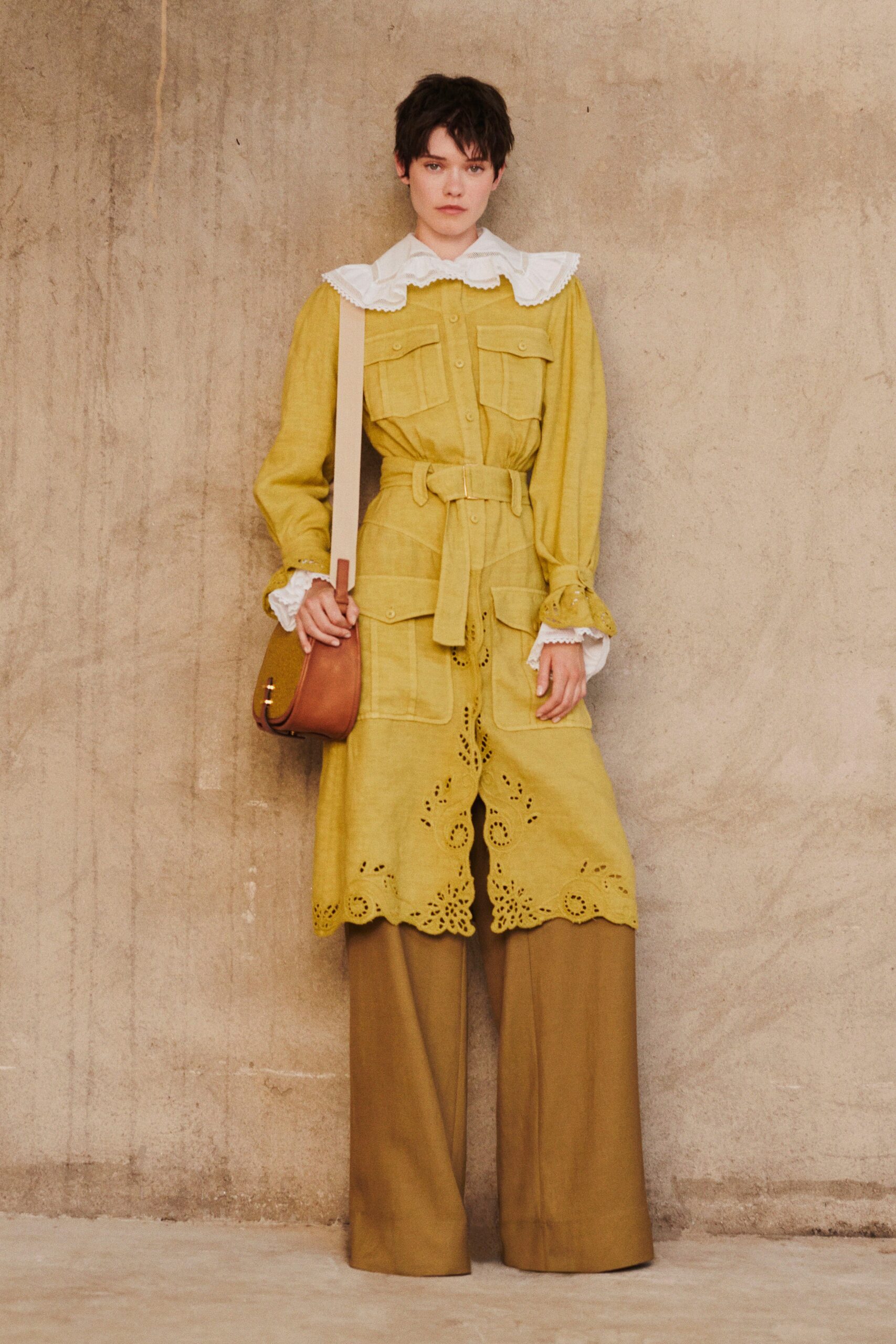 yellow linen long-sleeve collared relaxed belted embroidered shirt-dress
