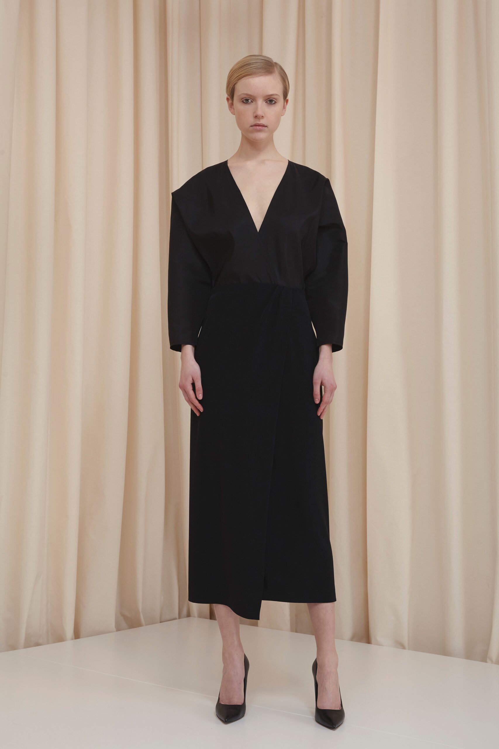 black silk long-sleeve dress