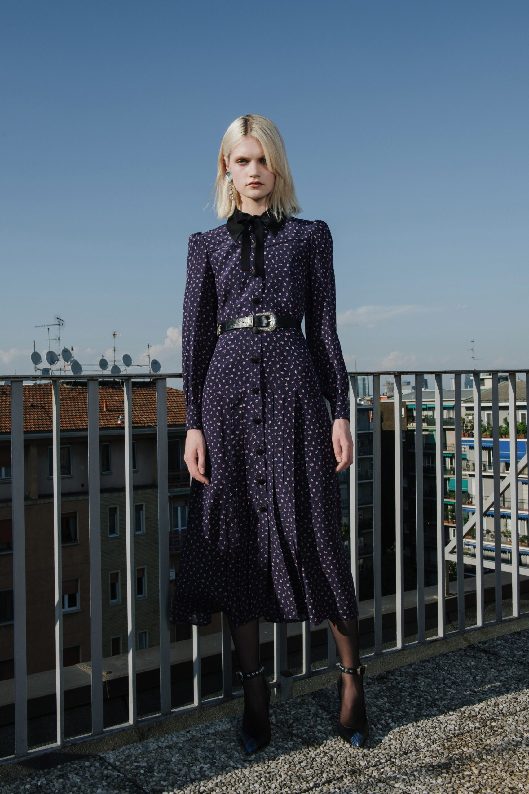 blue cotton long-sleeve collared fitted buttoned polka-dot dress