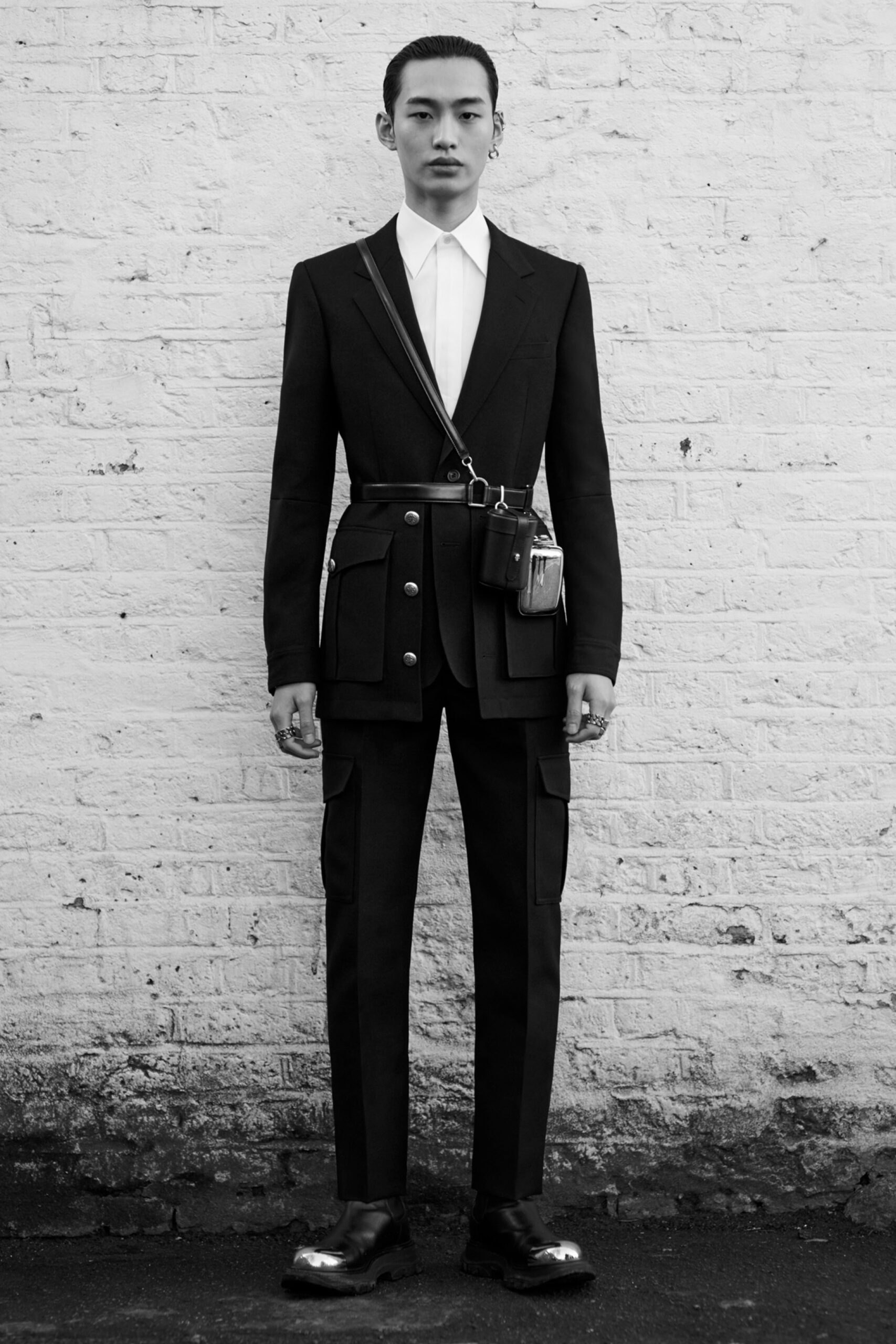 black tailored suit with white shirt