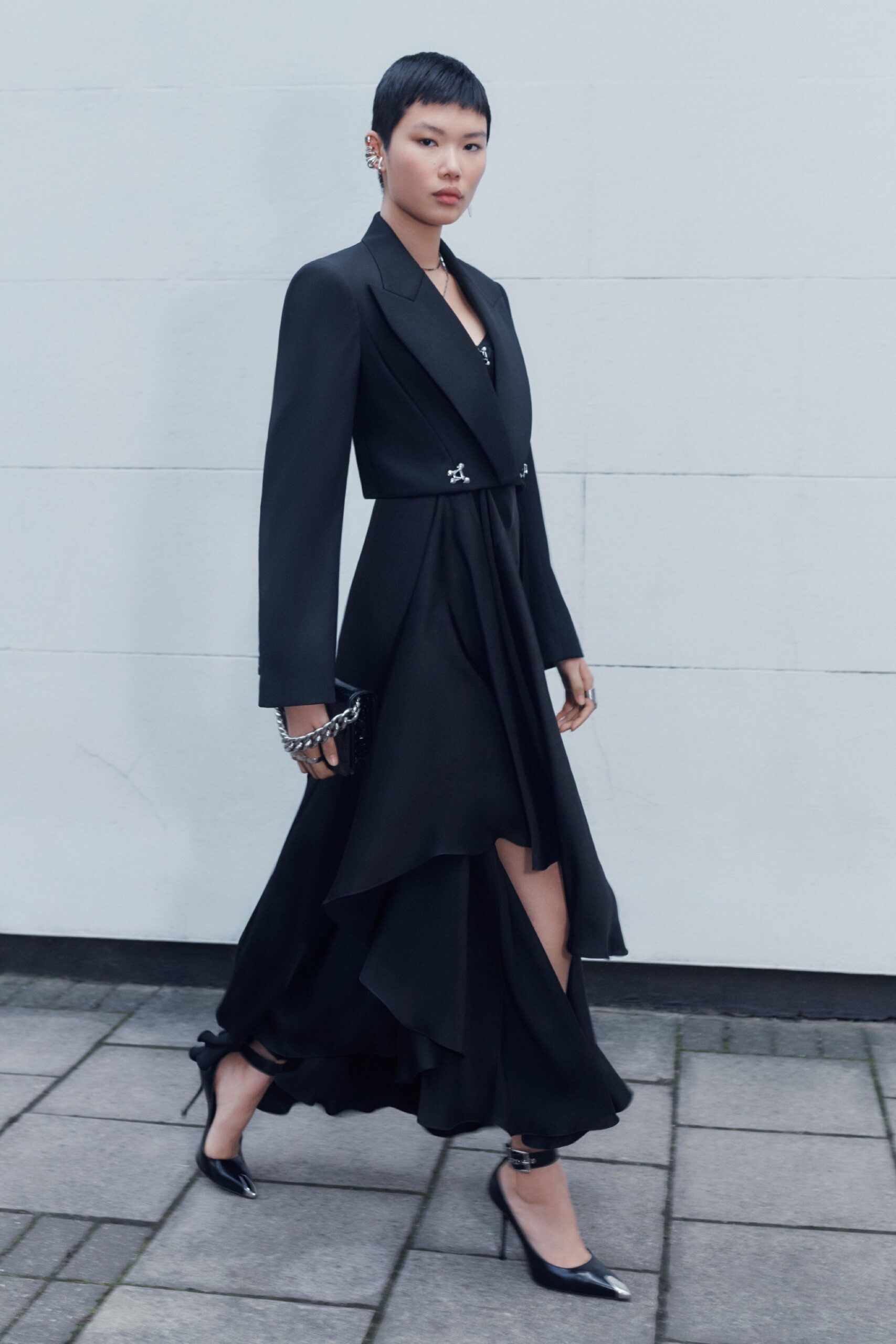 black silk long-sleeve dress