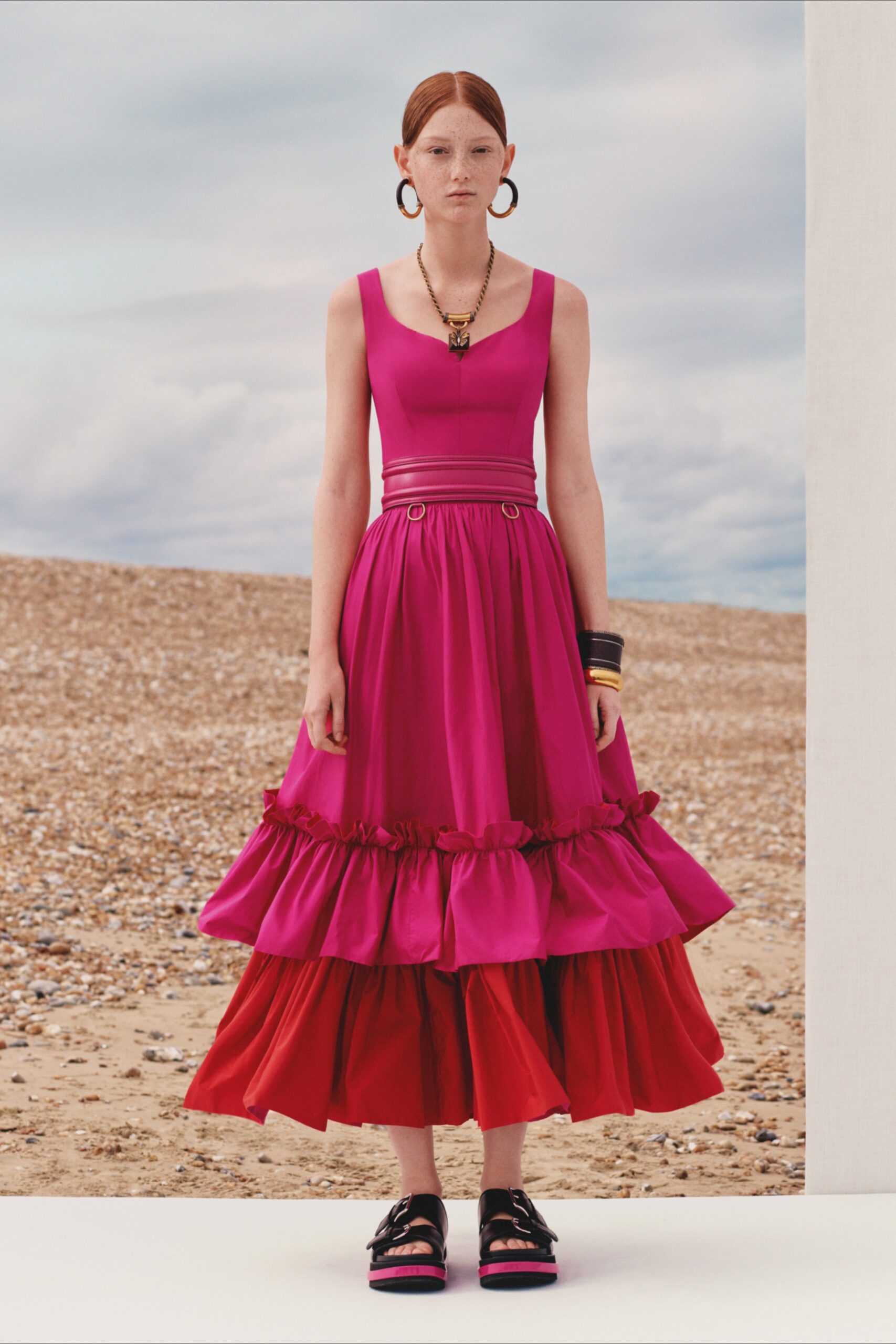 pink and red ruffled midi dress