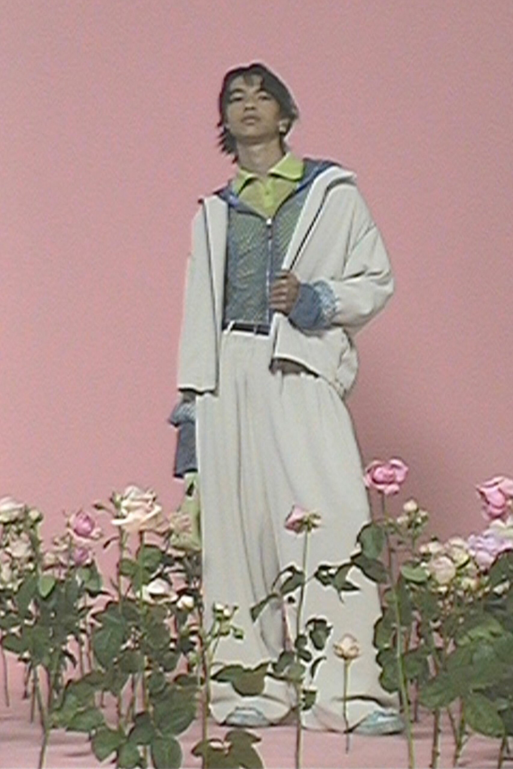 relaxed white jacket with green shirt