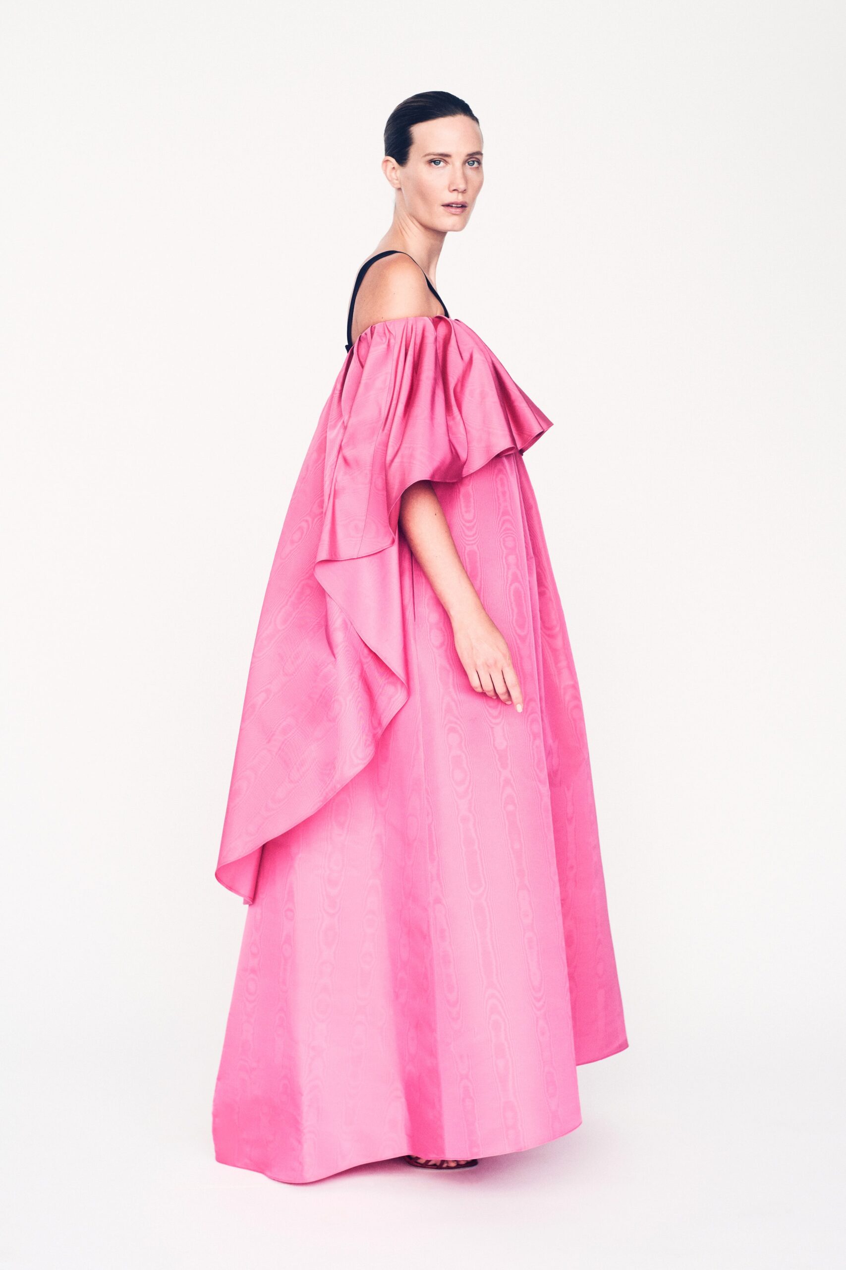 pink silk off-shoulder gown