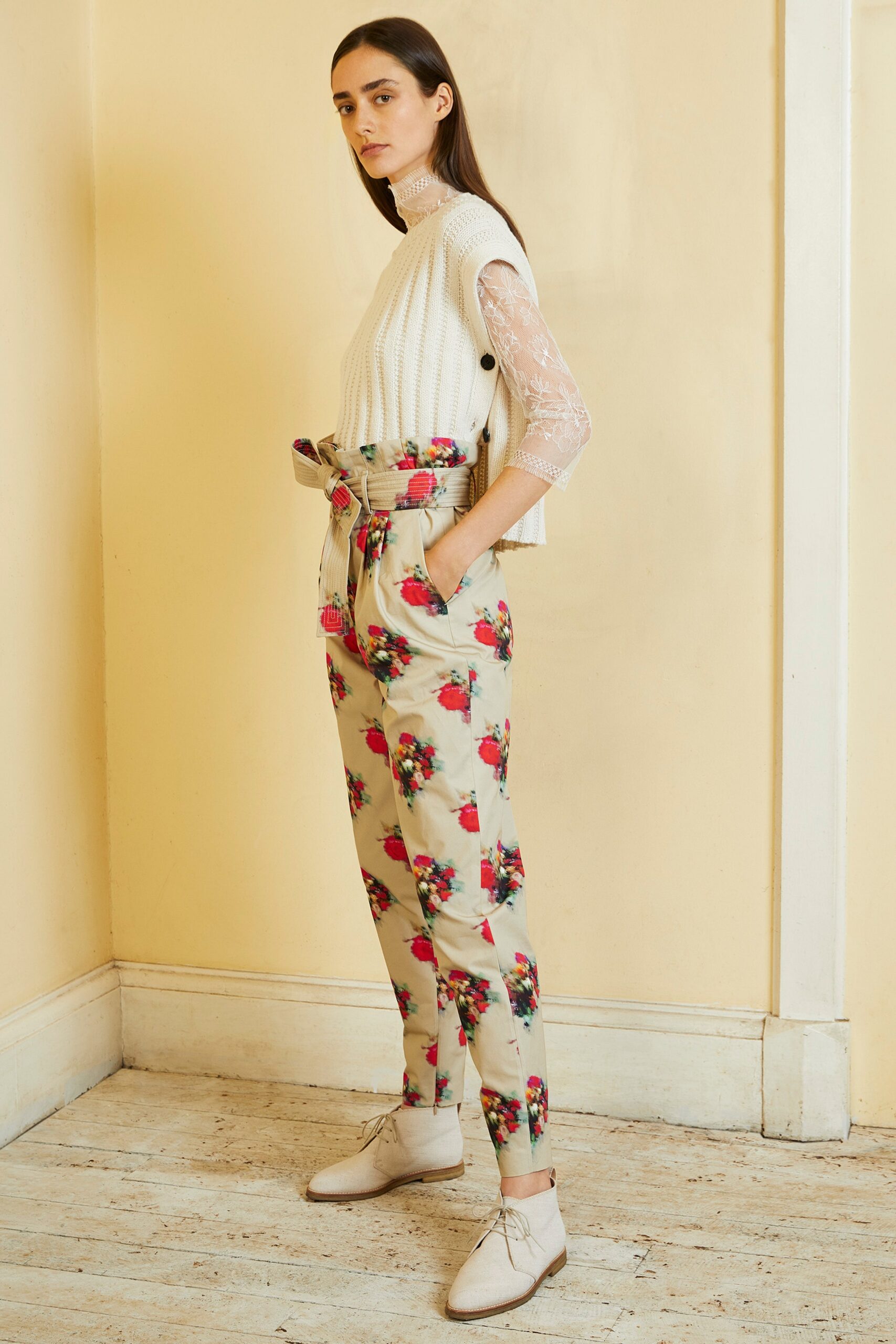 white ribbed sleeveless top and printed pants