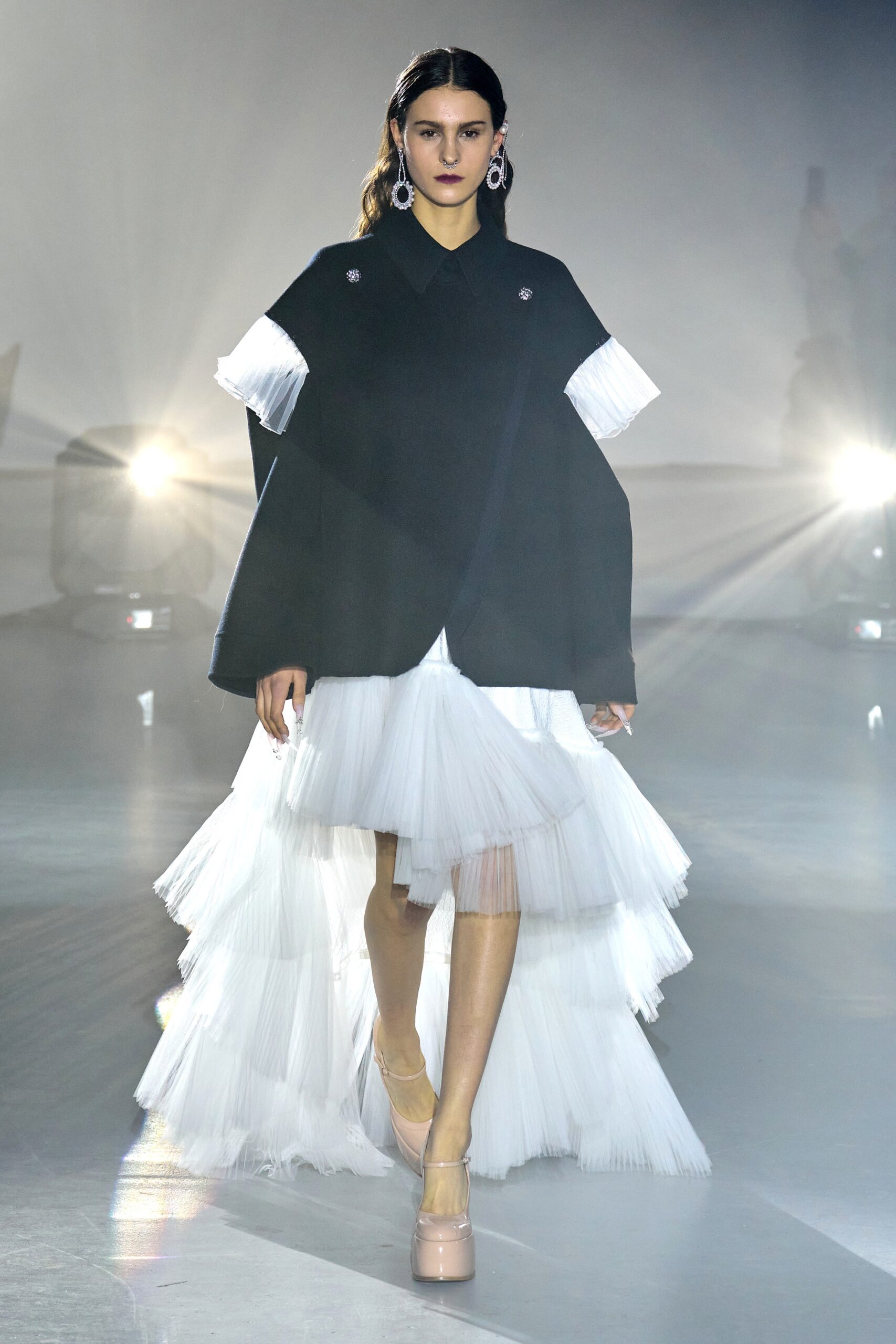 black wool long-sleeve collared oversized buttoned cape