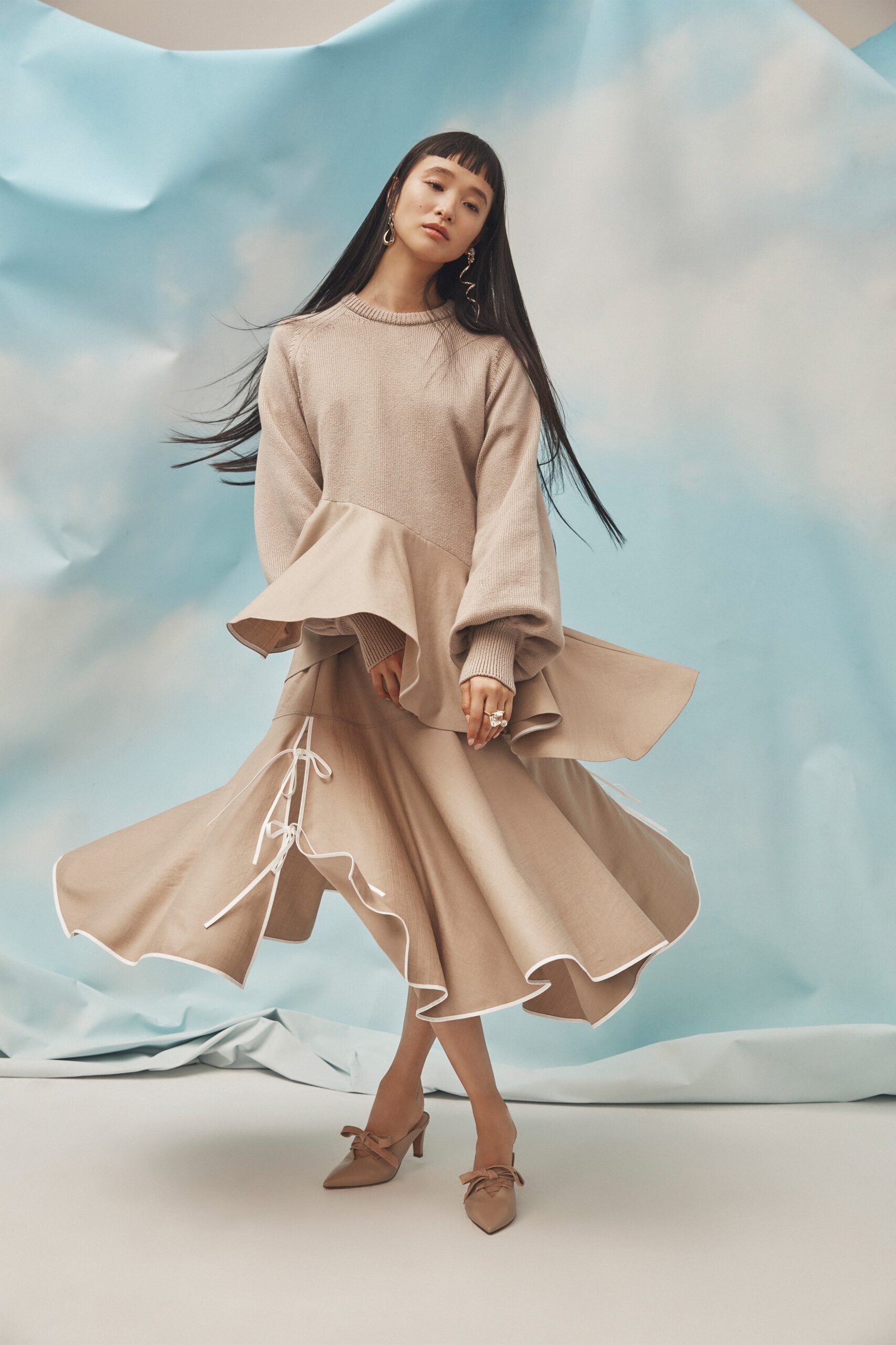 beige cotton asymmetric fitted flared midi skirt