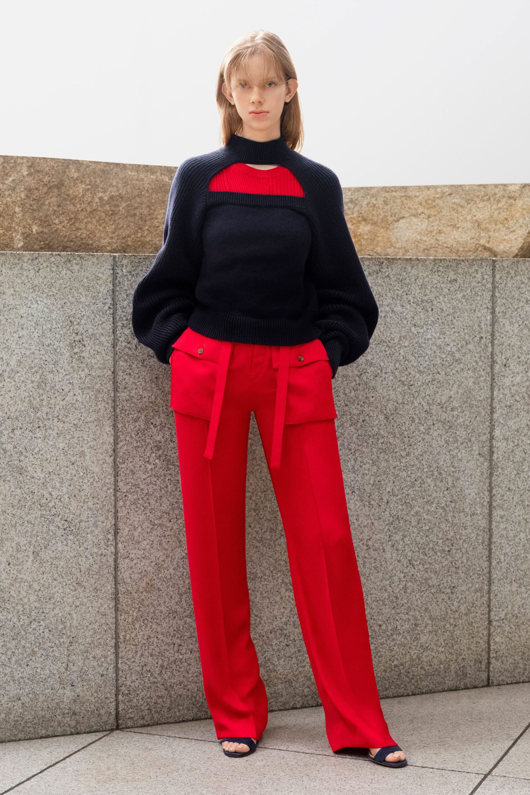 oversized navy red sweater and cargo pants
