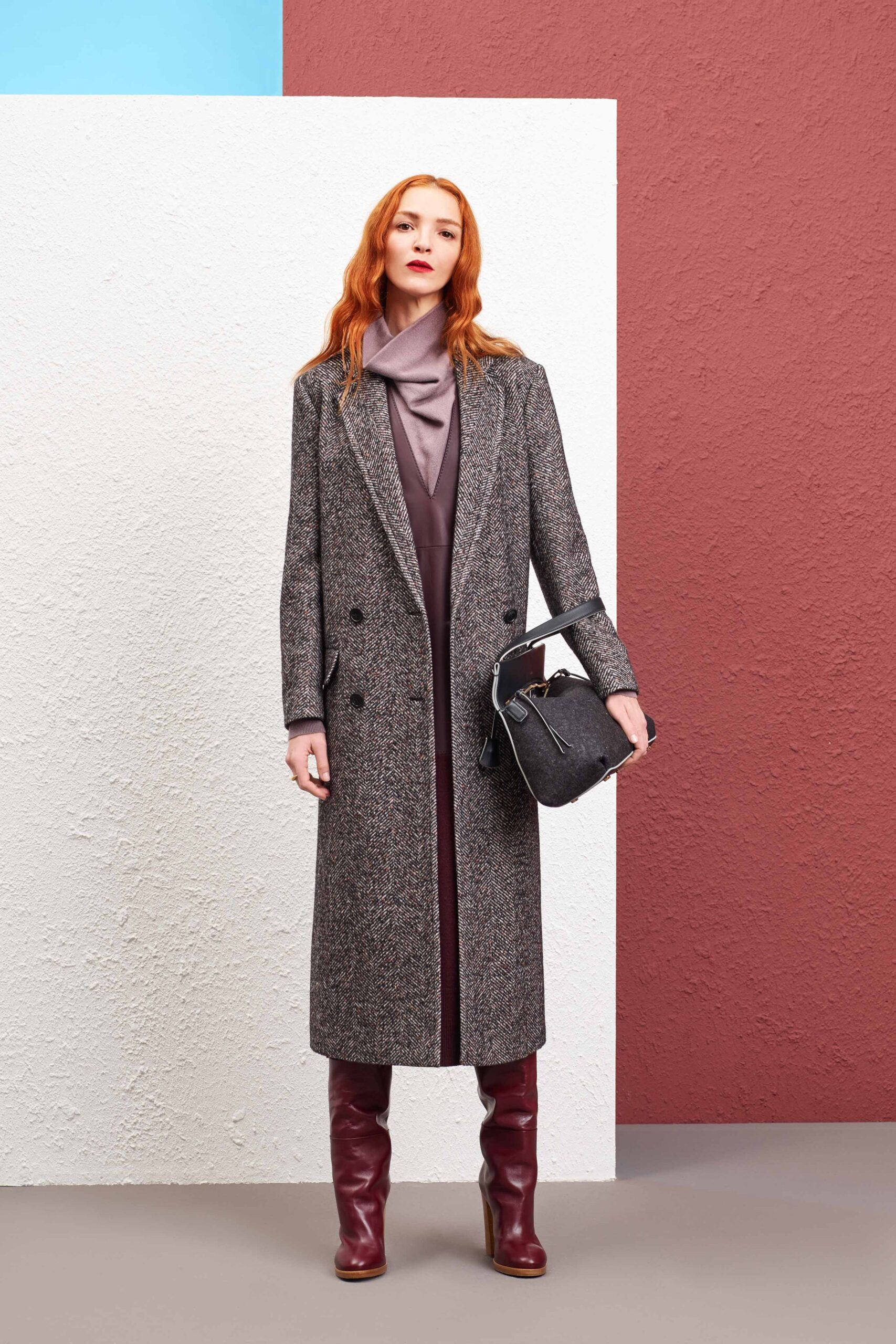 brown wool tailored coat with purple dress