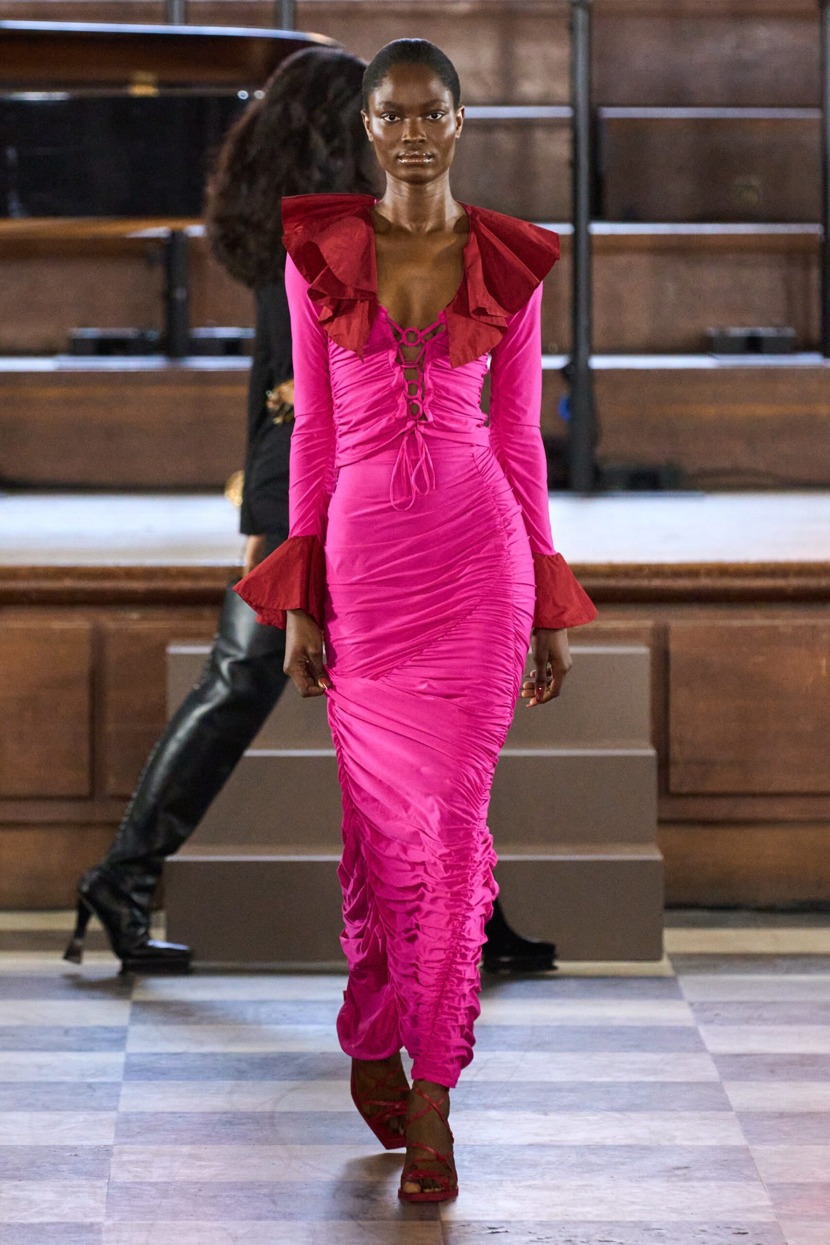 pink silk fitted midi dress