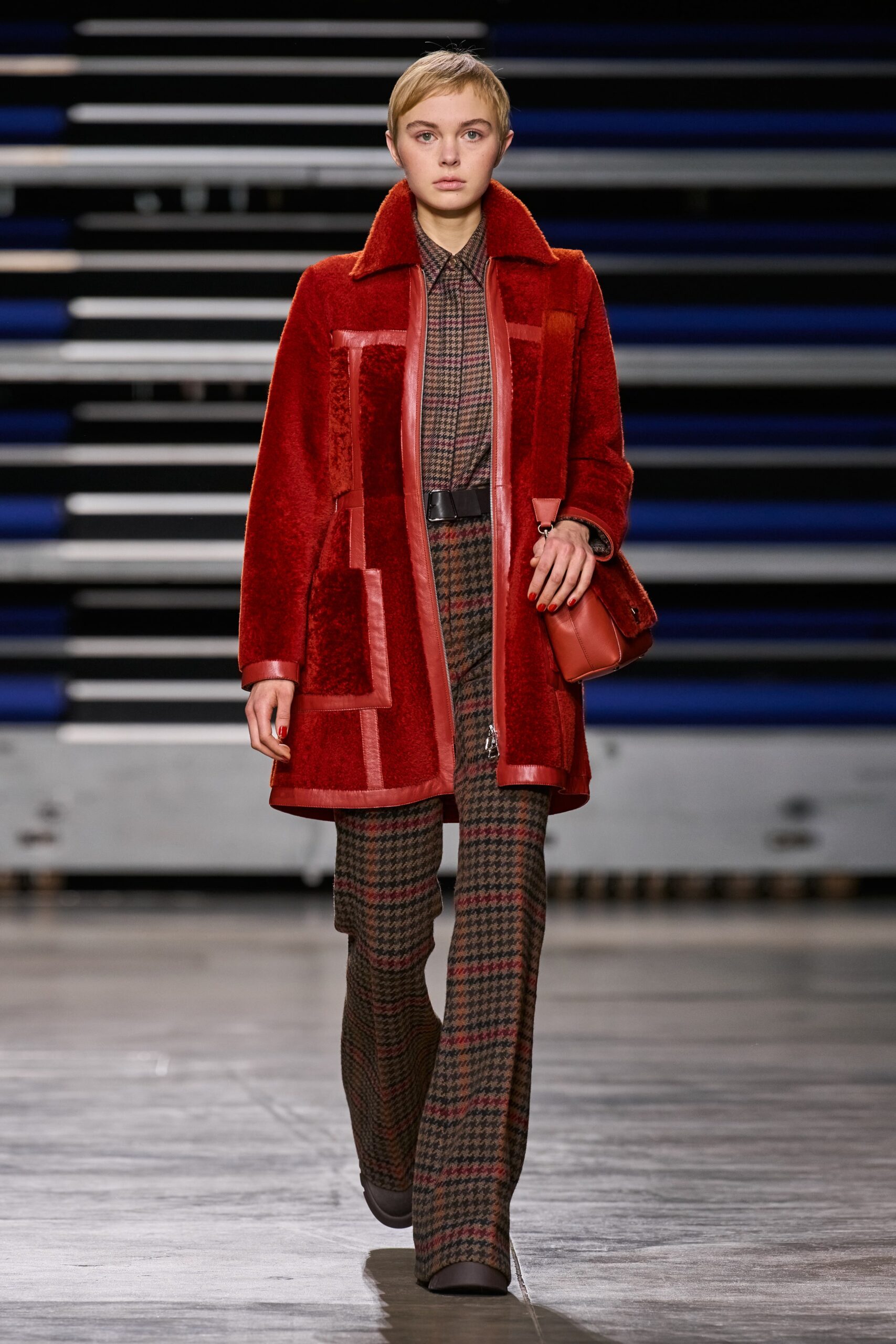 red wool coat with checked shirt