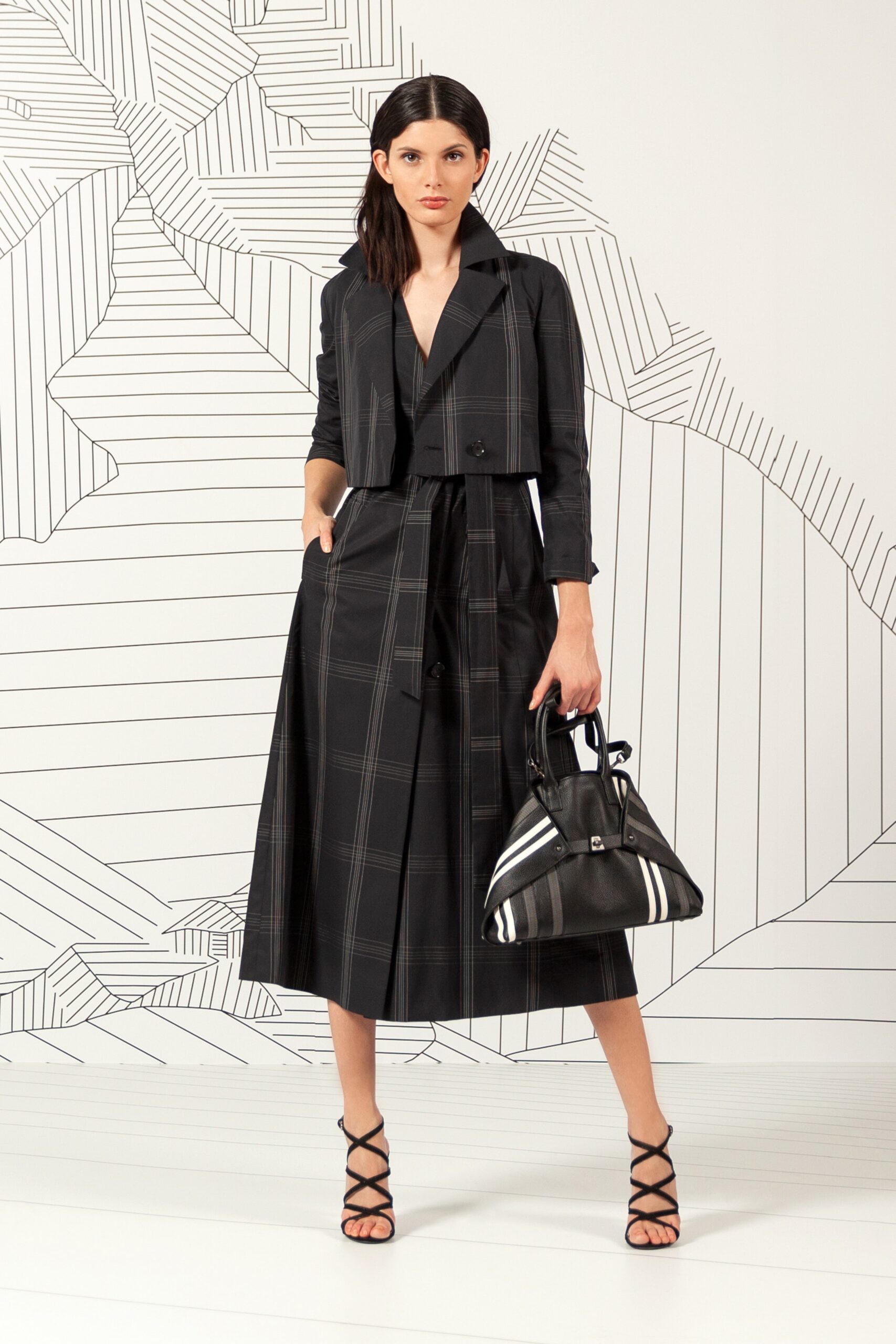 black fitted blazer and midi dress