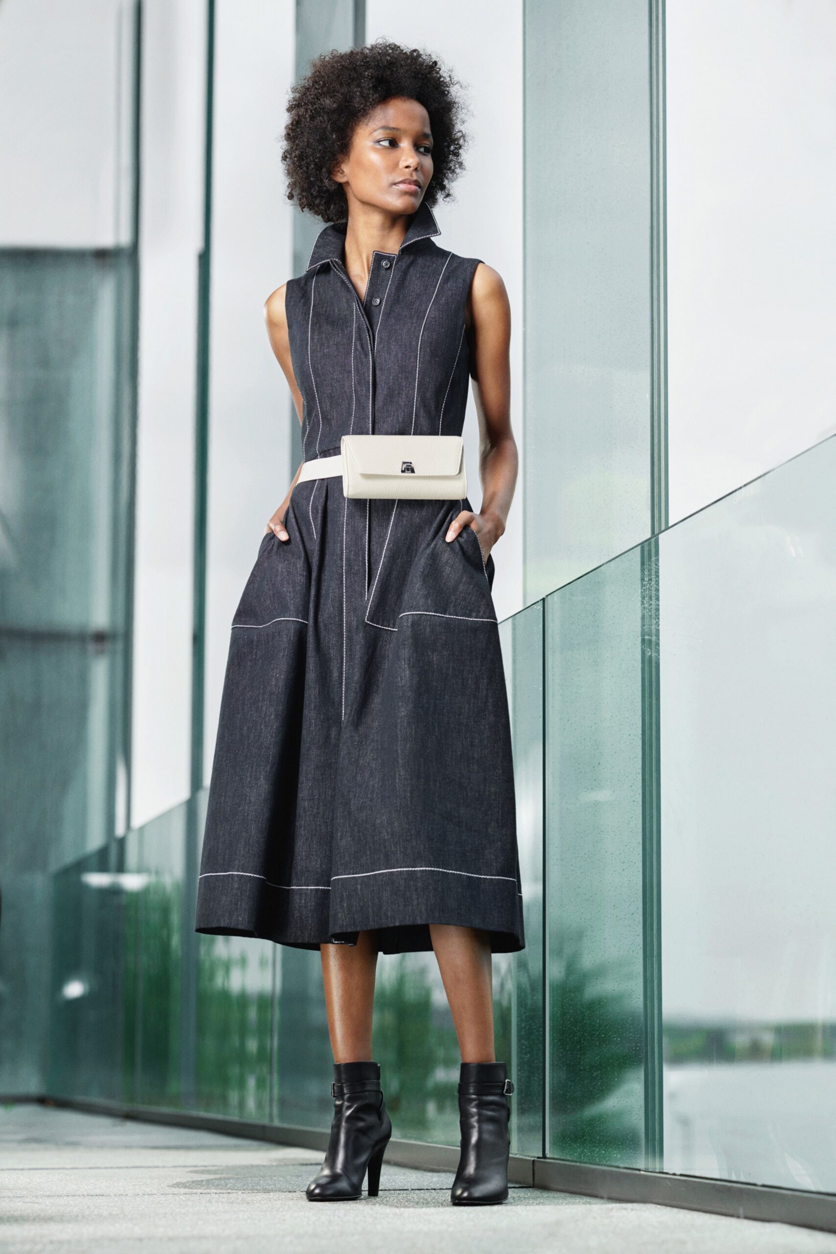 blue denim midi dress with pockets